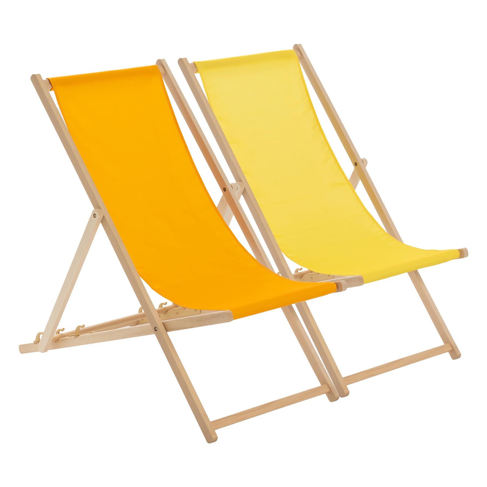 2x Folding Wooden Deck Chairs Adjustable Canvas Beach Lounger Orange/Yellow