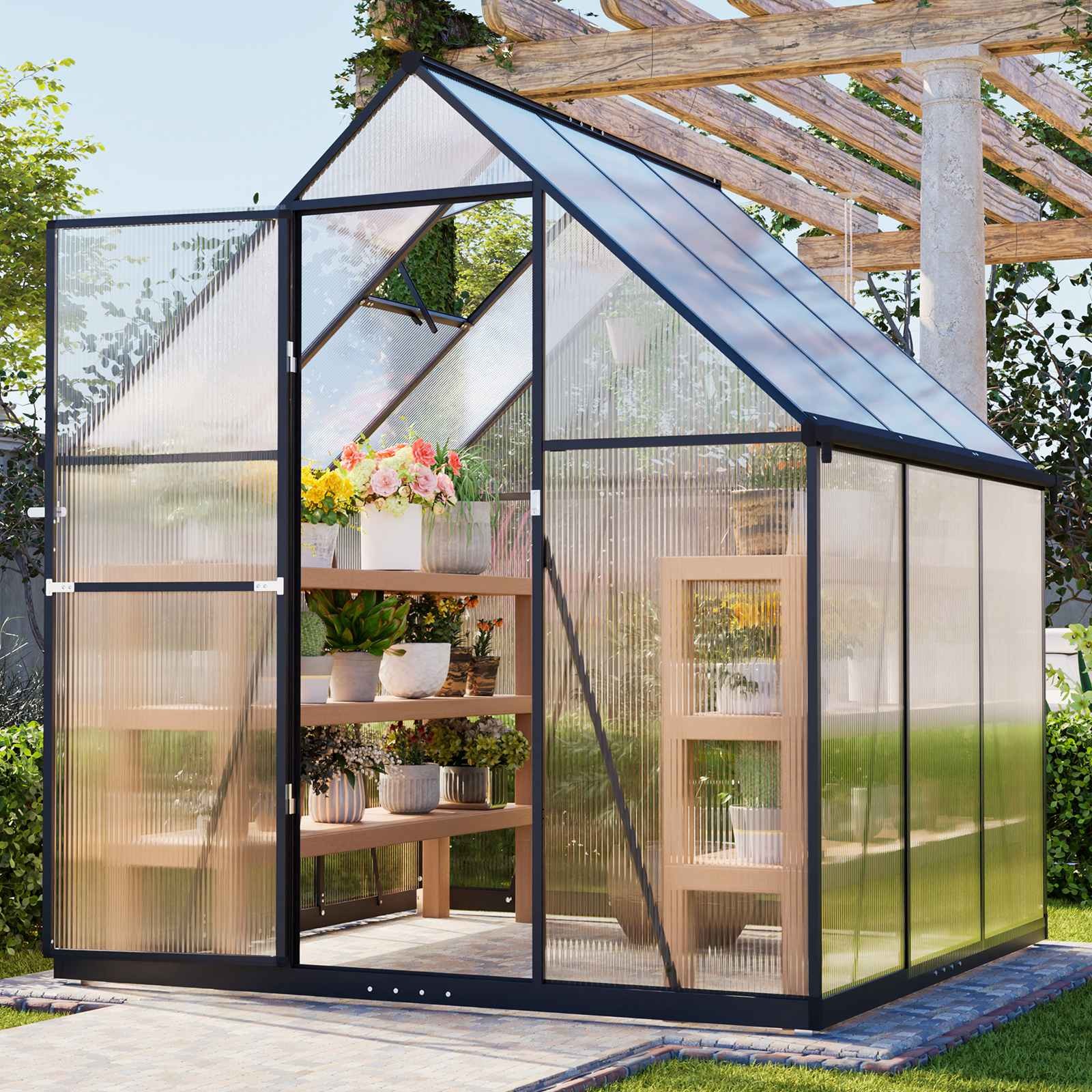 6X6FT Walk-In Greenhouse with Drainage Garden Outdoor Polycarbonate Green House