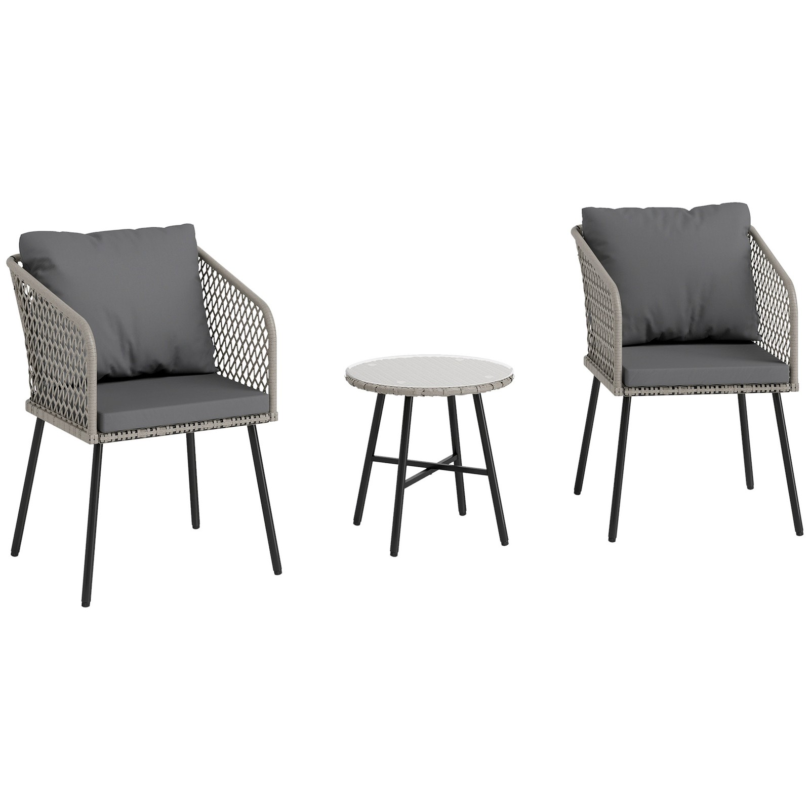 Outsunny 3 Piece Rattan Bistro Set with Cushions, Grey