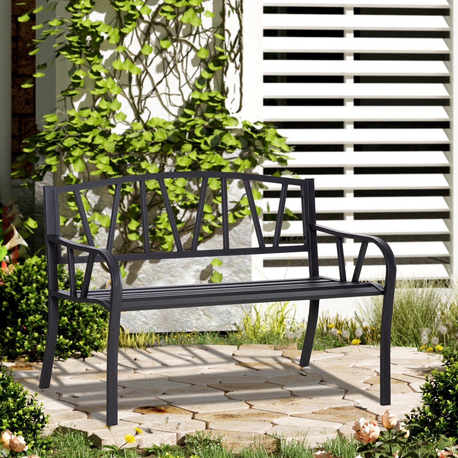 2-Seater Garden Bench Metal Loveseat w/ Decorative Backrest Ergonomic Armrest