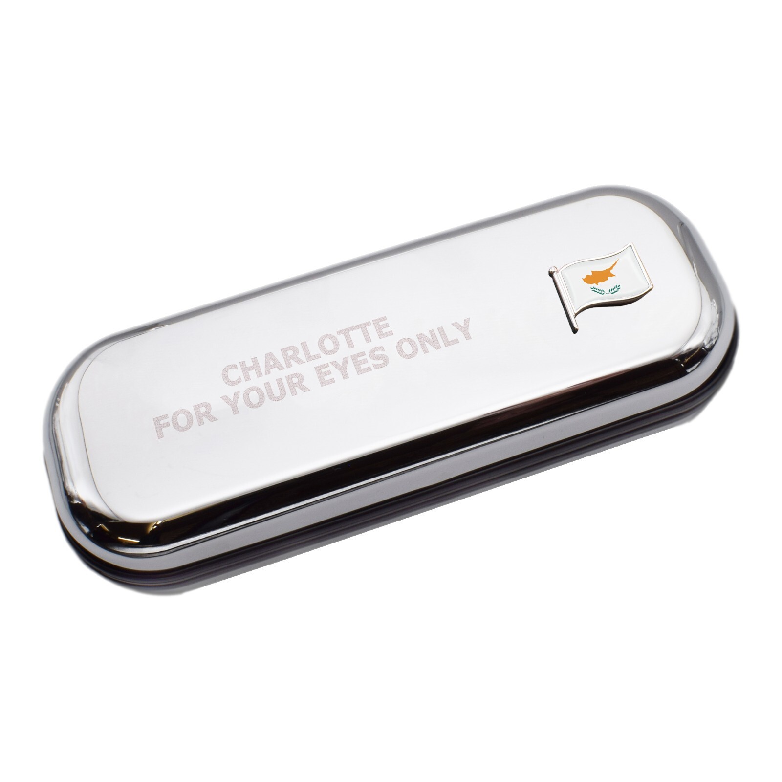 Cyprus Wave Flag & Engraved With Message Chromed Glasses Case Box