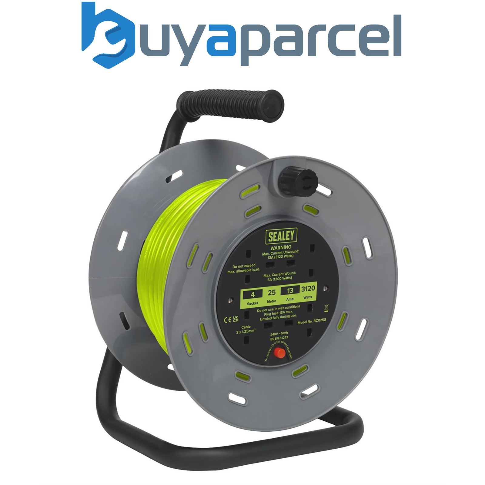 Sealey BCR25G 25m Cable Reel with Thermal Trip 4 x 230V - Hi-Vis Green