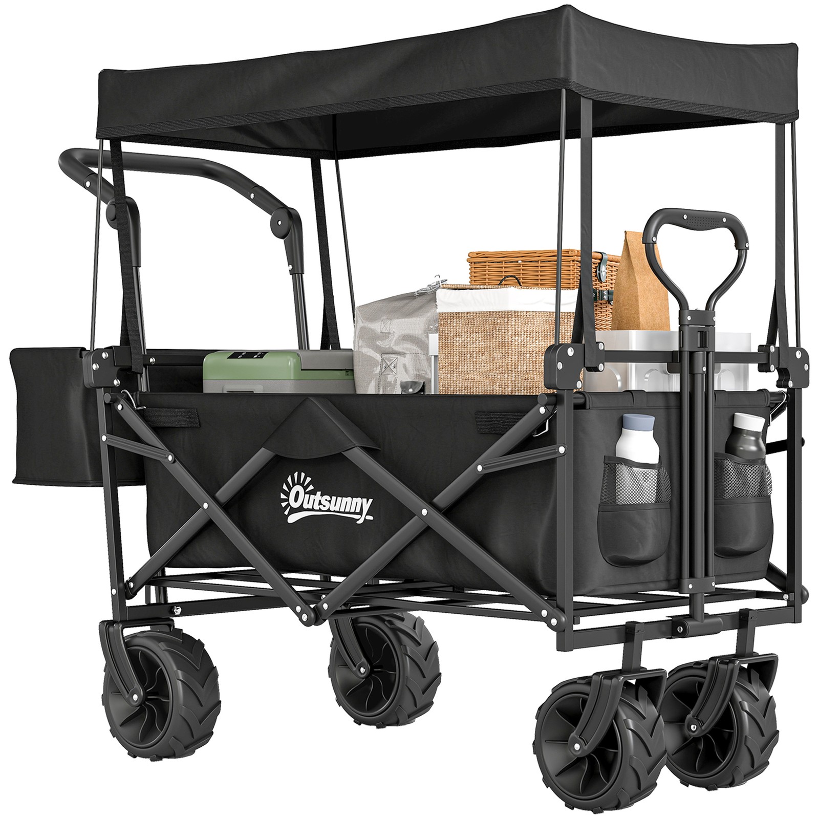 Outsunny Outdoor Push Pull Wagon Stroller Cart w/ Canopy Top Black