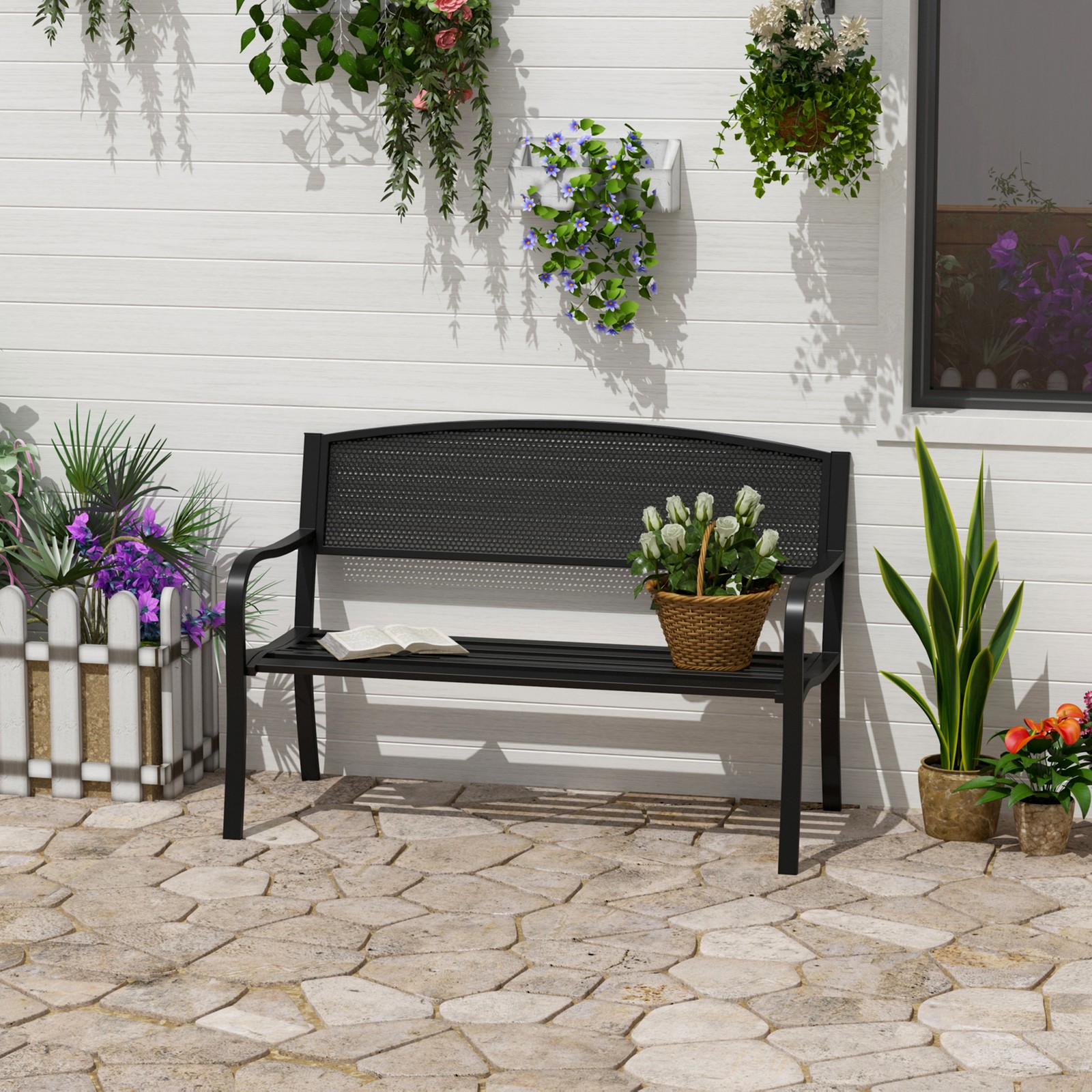 Garden Bench Furniture Seat Park 2 Person Chair Steel Black 120cm Outdoor