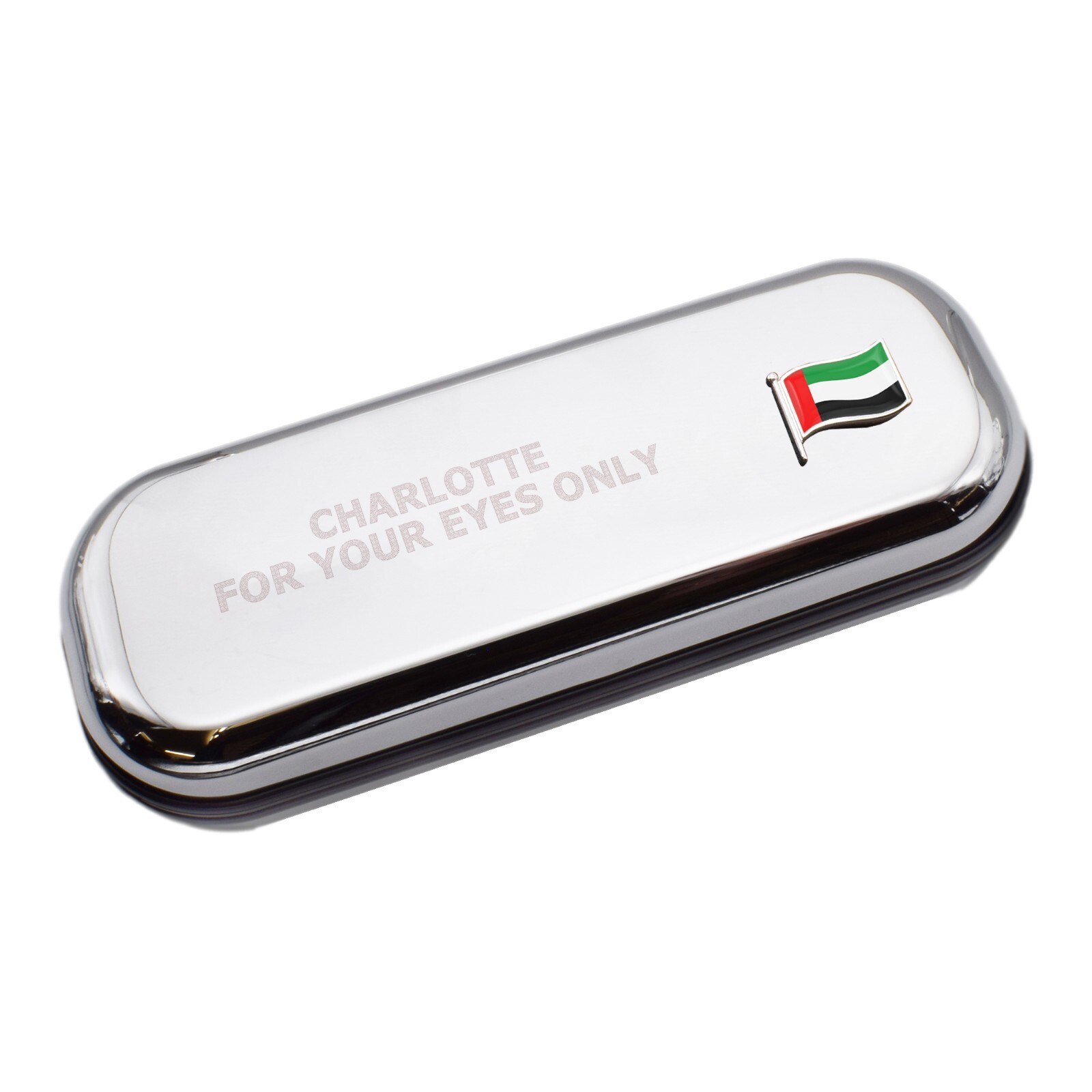 UAE Wave Flag & Engraved With Message Chromed Glasses Case Box