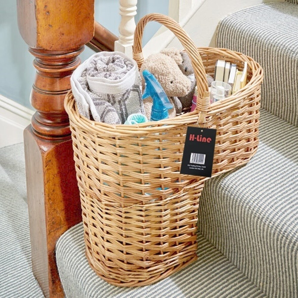 Natural Oval Wicker Stair Step Storage Basket With Carry Handle Tidy Organiser