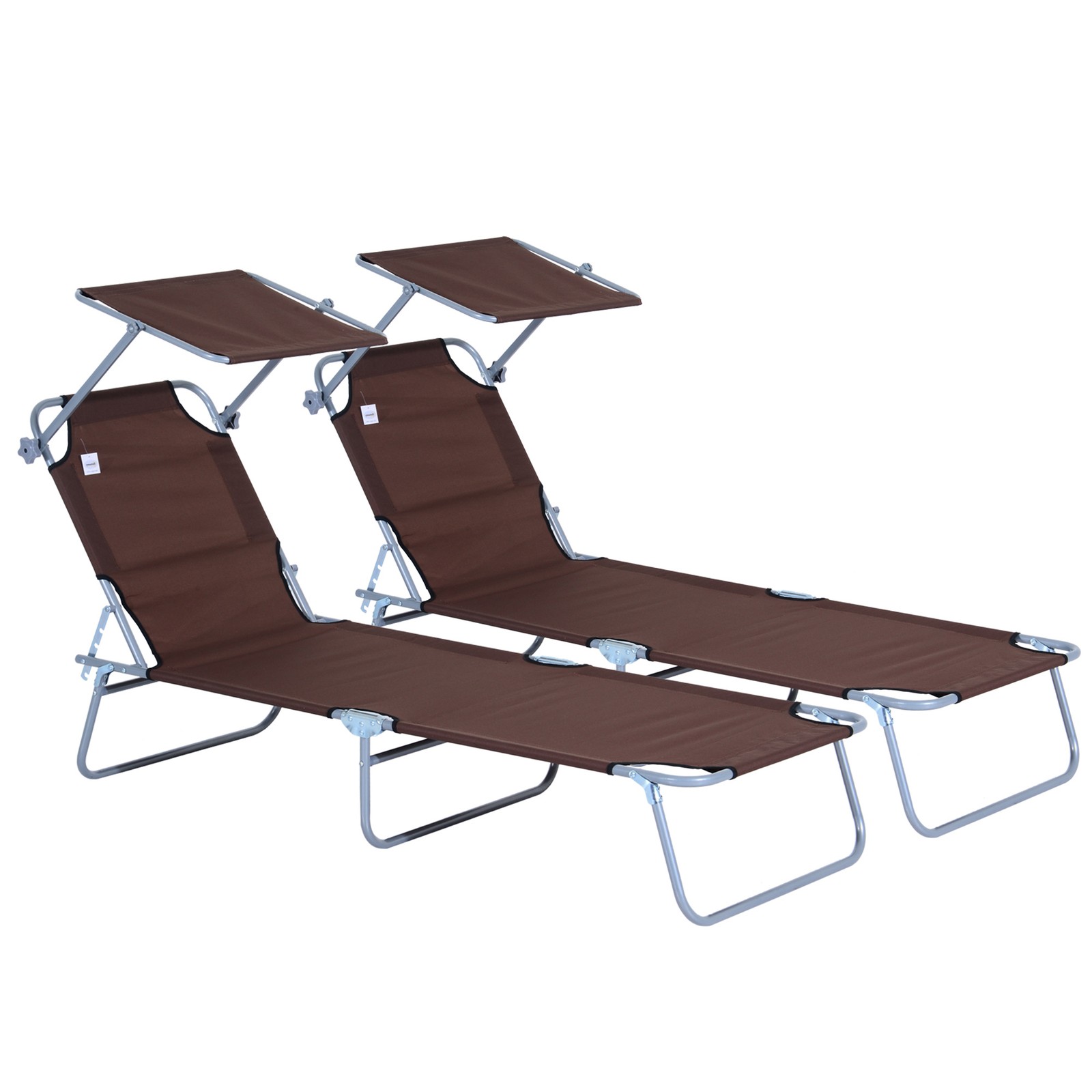 Outsunny Foldable Sun Lounger Chair Set, Recliner Sun Bed with Canopy, Brown