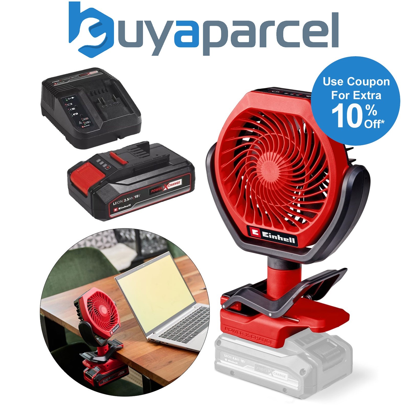 Einhell Cordless Desk Fan 18V 3 Speeds Adjustable 110mm GC-CF 18/110 Li 1x2.5ah