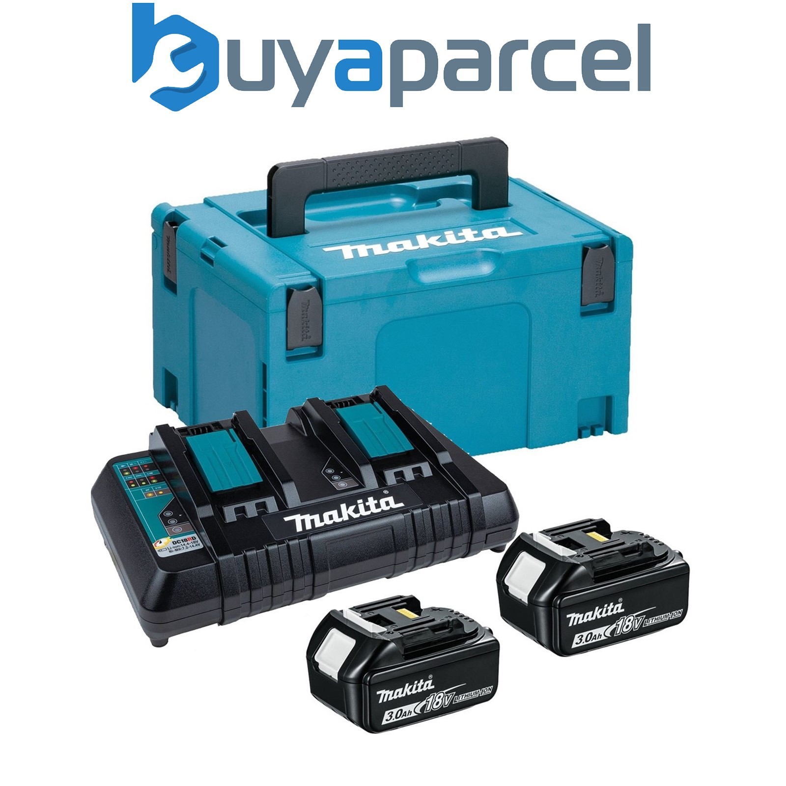 Makita BL1830 18v 2 x 3.0ah Lithium Batteries DC18RD Dual Port Charger + Makpac