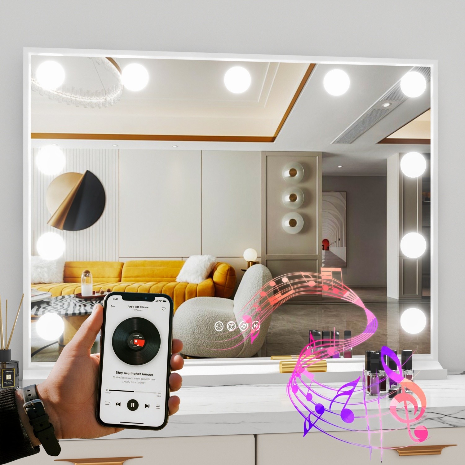 Large Vanity Mirror with RGB Lights Bluetooth Hollywood Mirror, Aluminum Stand