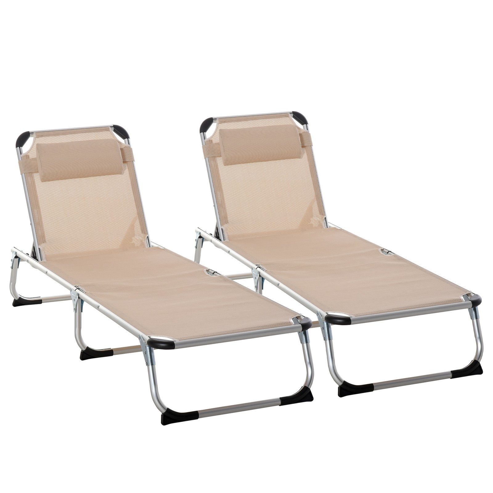 Outsunny 2 Pieces Foldable Sun Lounger Aluminium Frame Sun Bed, Khaki