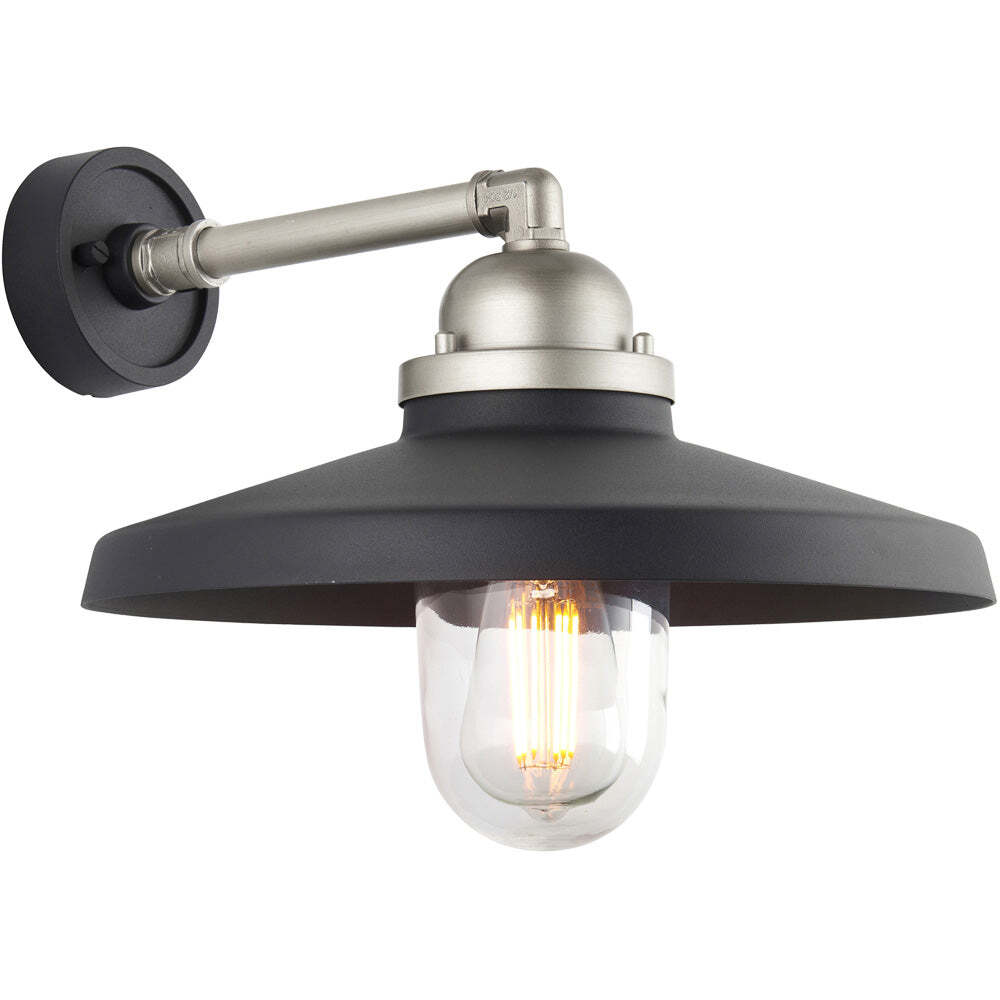 IP44 Outdoor Wall Light - Textured Black Aged Pewter Arm Glass Garage Porch Lamp