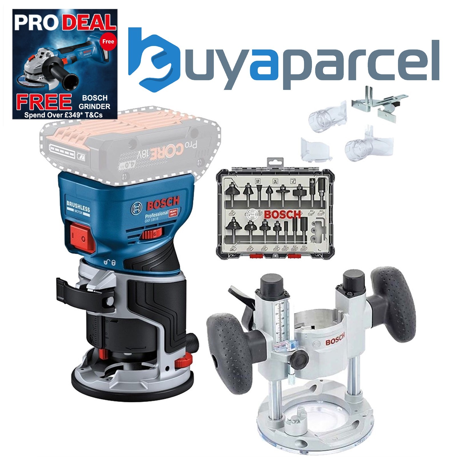 Bosch GKF 18v Brushless Cordless Palm Router Trimmer Plunge Base +15P Cutter Set