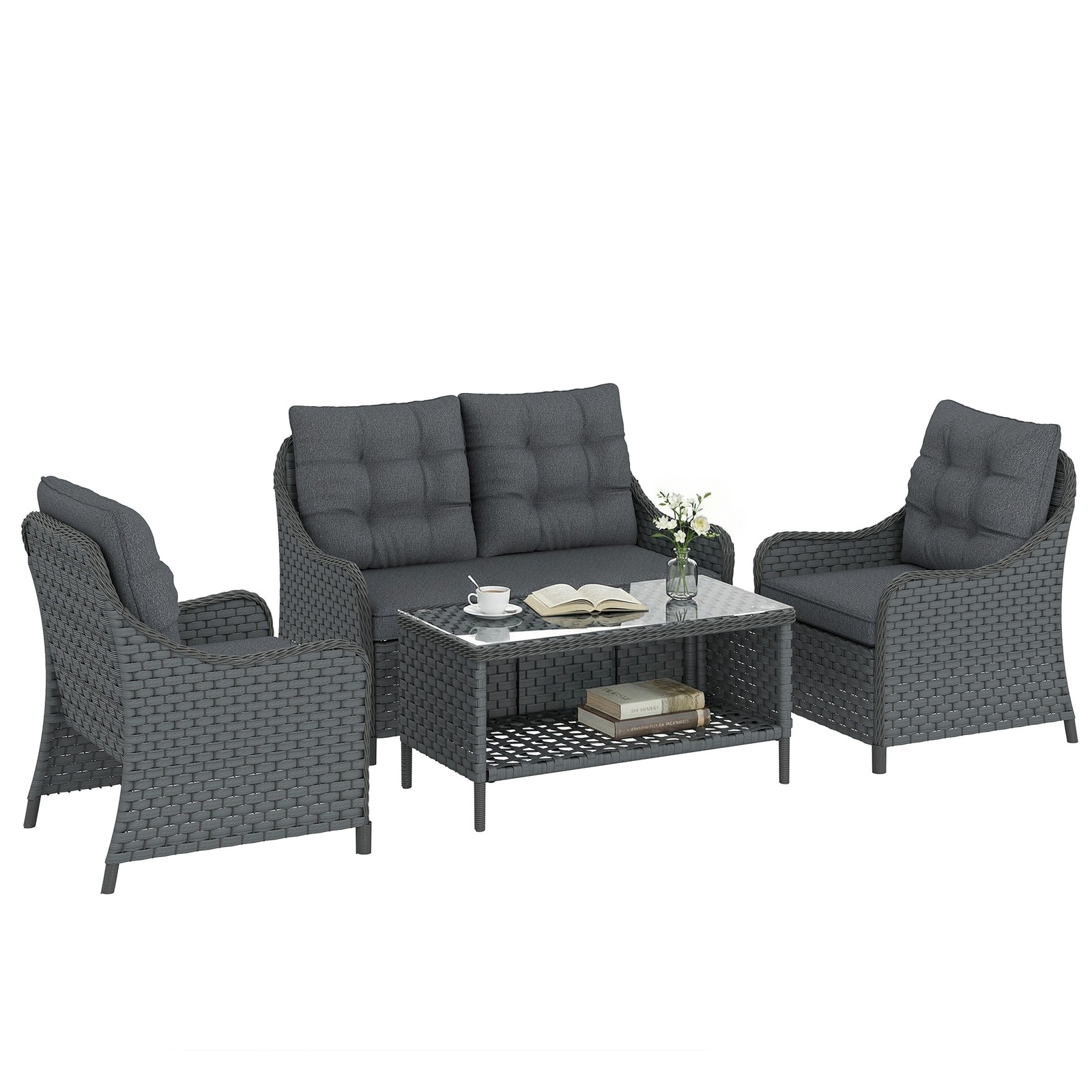 Outsunny 4 Piece Rattan Patio Furniture Set with Removable Cushion Covers