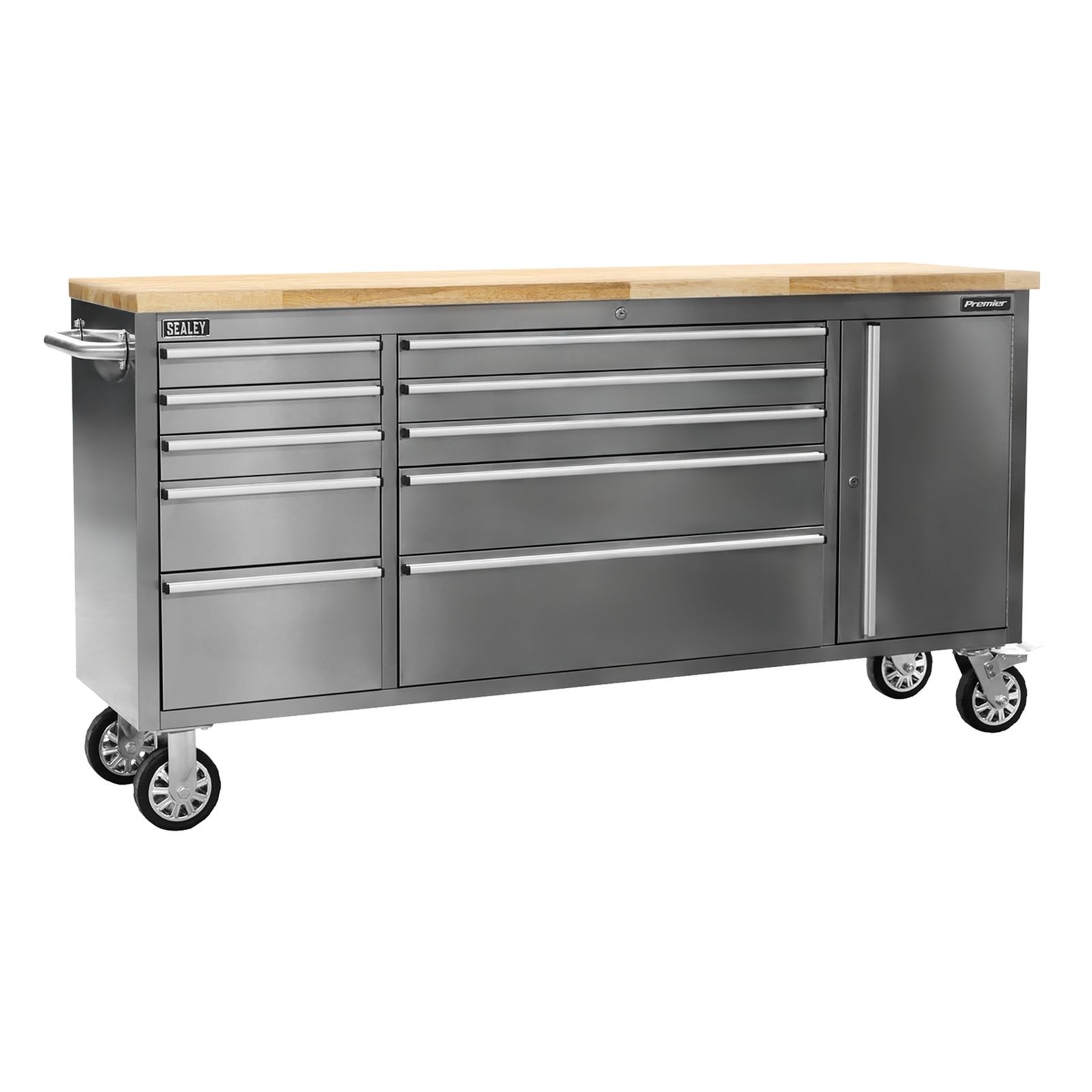 1x Sealey Mobile Stainless Steel Tool Cabinet 10 Drawer & Cupboard - AP7210SS