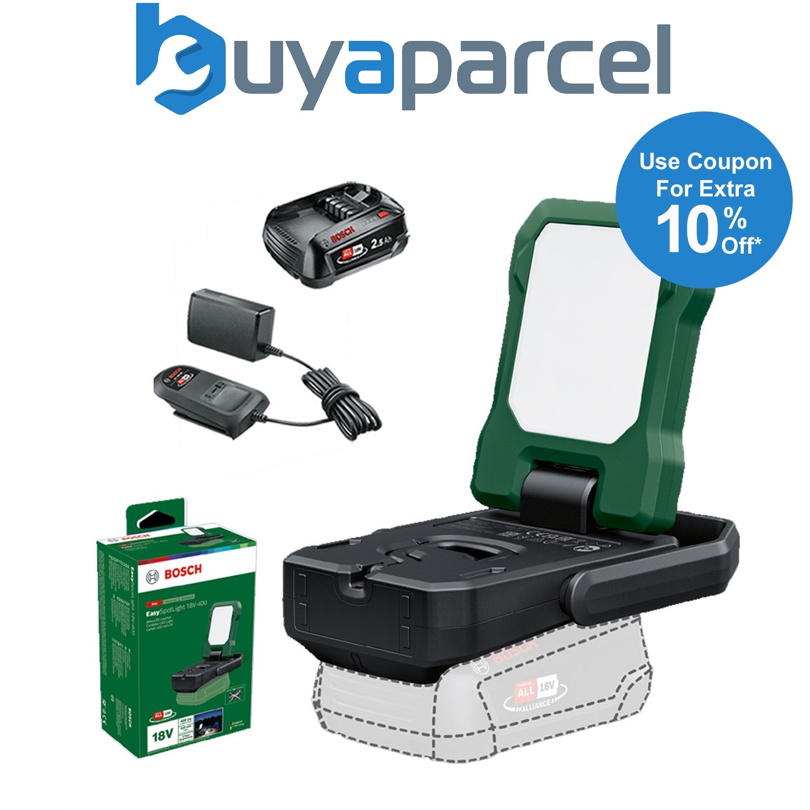 Bosch 06039A1200 Cordless 18v LED Light EasySpotLight 18V-400 USB 2.5AH Battery