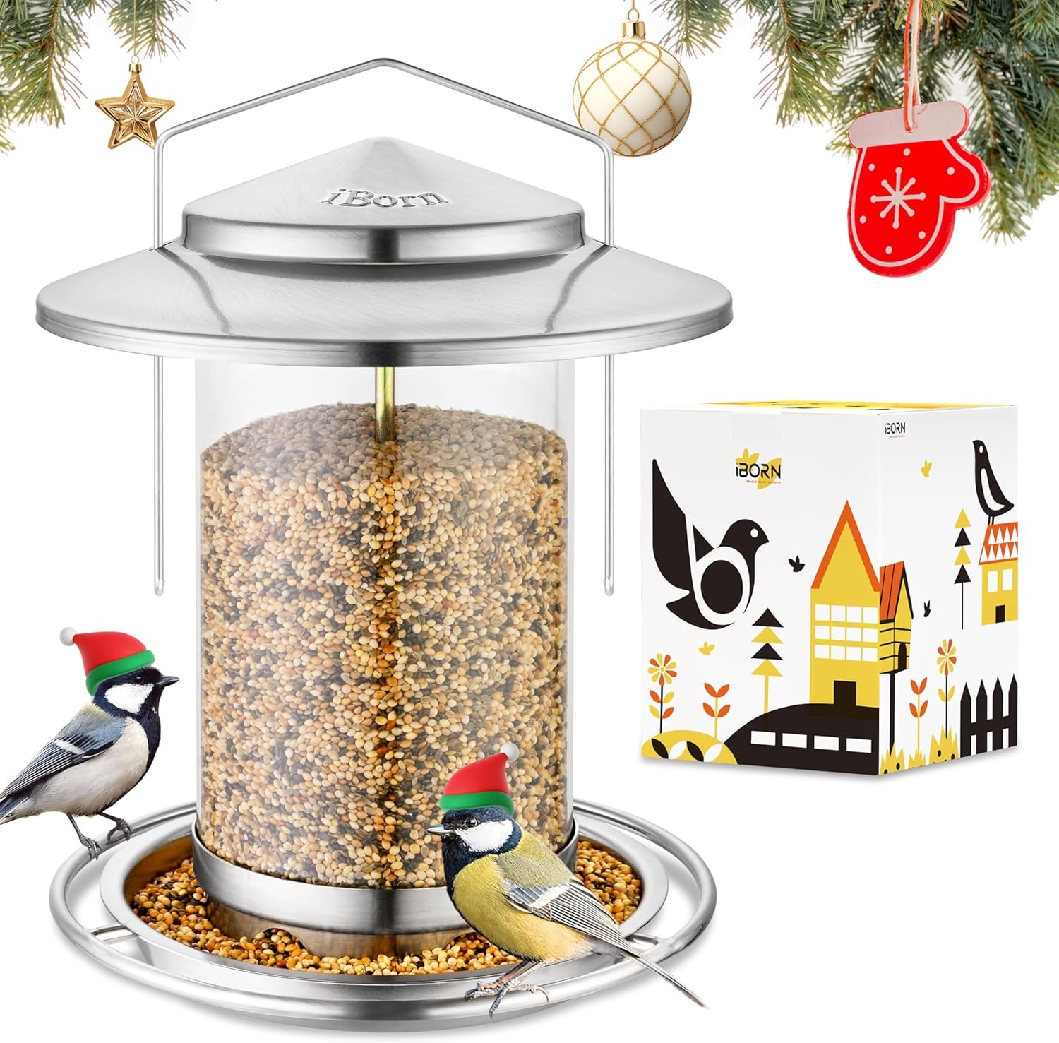 iBorn Metal Bird Feeder for small birds, Easy Clean, Hanging Bird Seeds With Gi