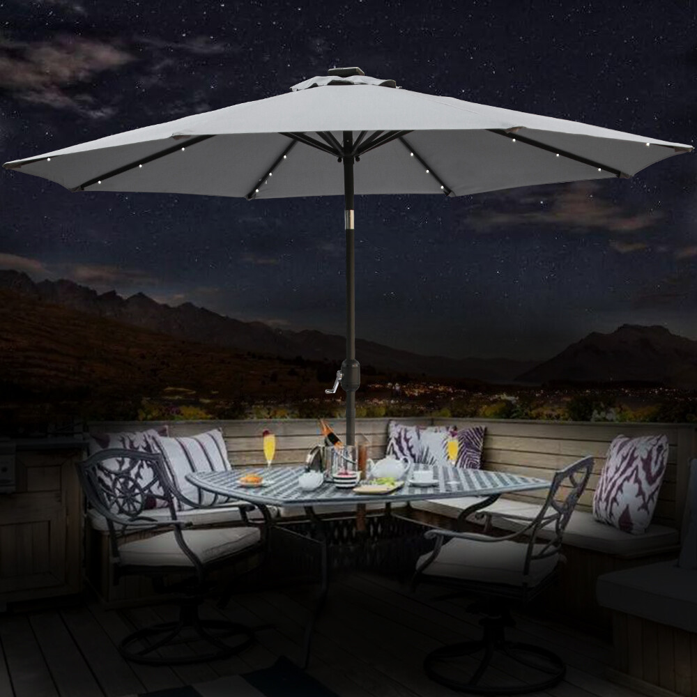Garden Solar LED Parasol Sun Shade Patio Umbrella with Tilt Crank 2.7M Grey