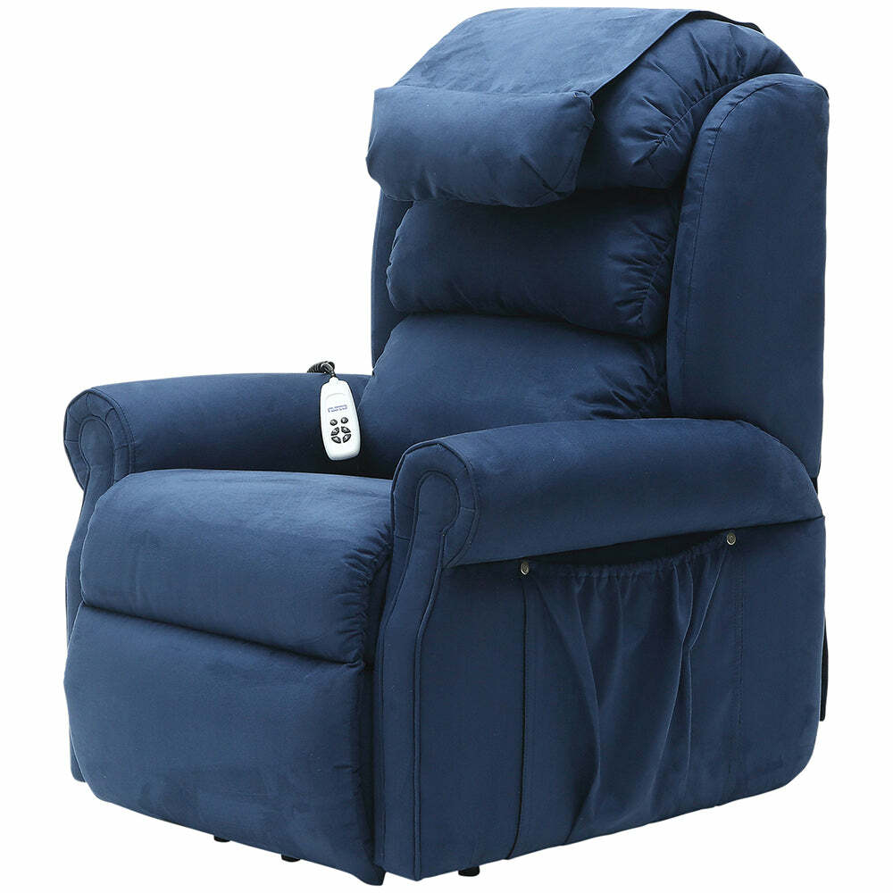 Dual Motor Rise and Recline Armchair - Waterfall Pillow - Blue Suedette Fabric