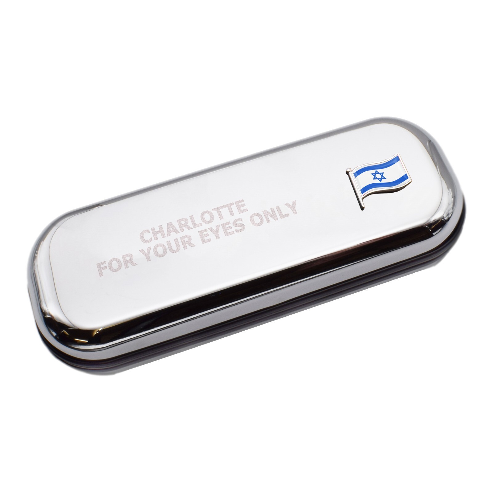 Israel Wave Flag & Engraved With Message Chromed Glasses Case Box