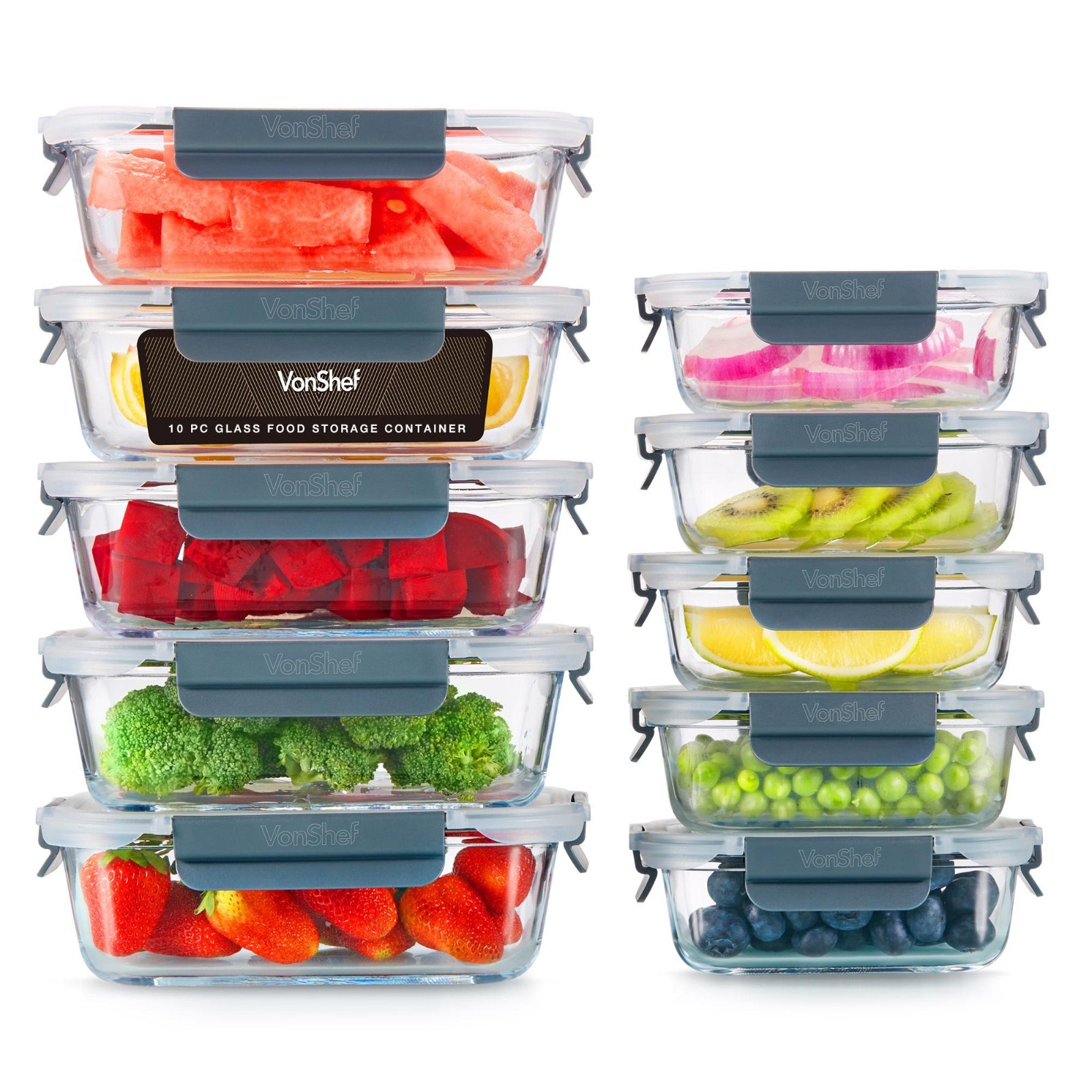 Glass Containers with Lids, 10 Piece Meal Prep Food Lunch Boxes, VonHaus