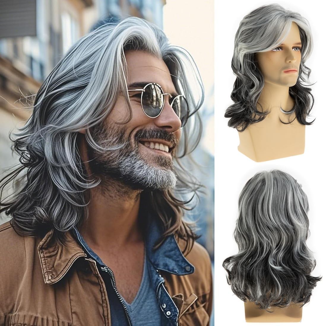 Long Wavy Grey Wigs for Men Synthetic Layered Wavy Cosplay Party
