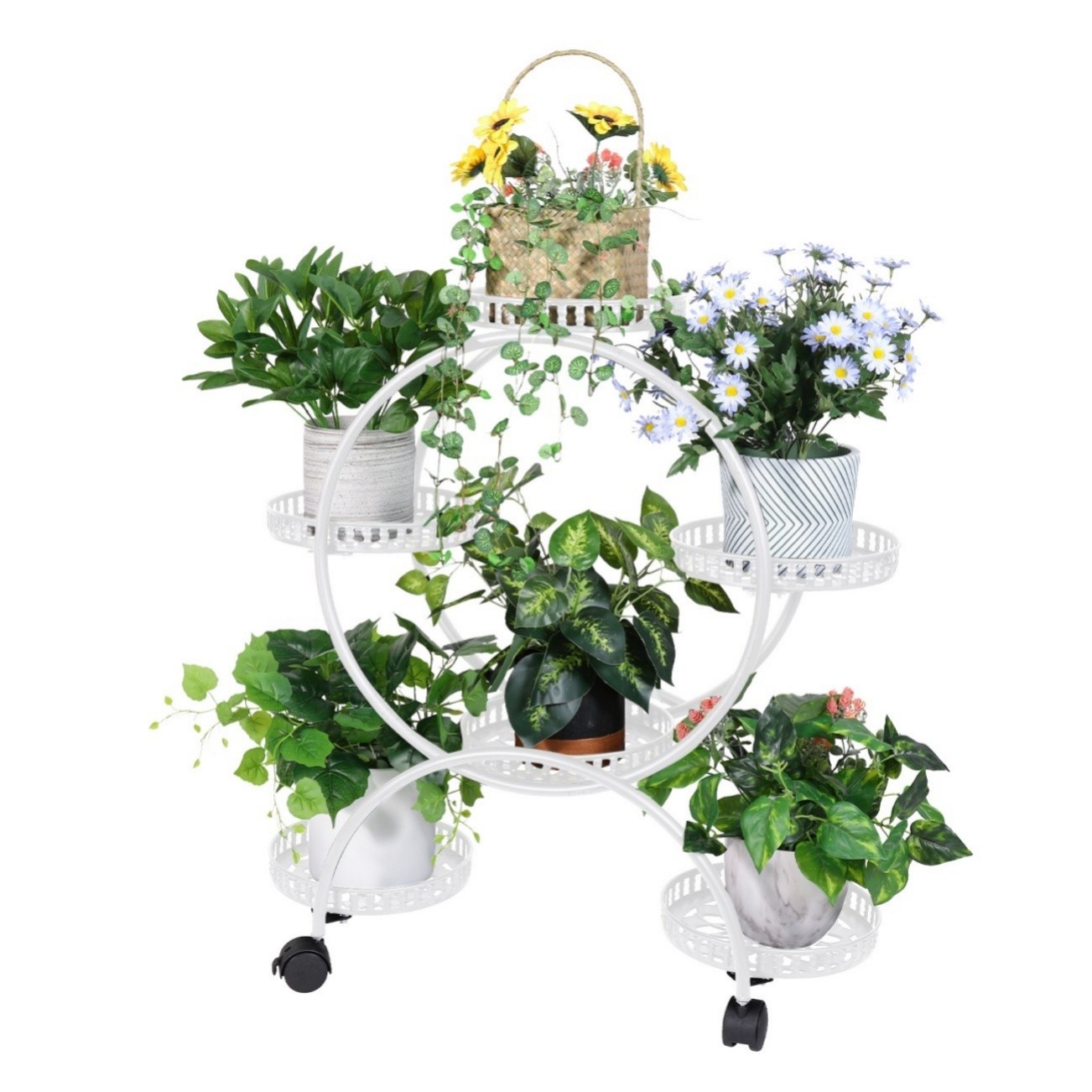 Mobile Garden Plant Stand Wrought Iron Trolley Shelf for Indoor Outdoor Decor UK