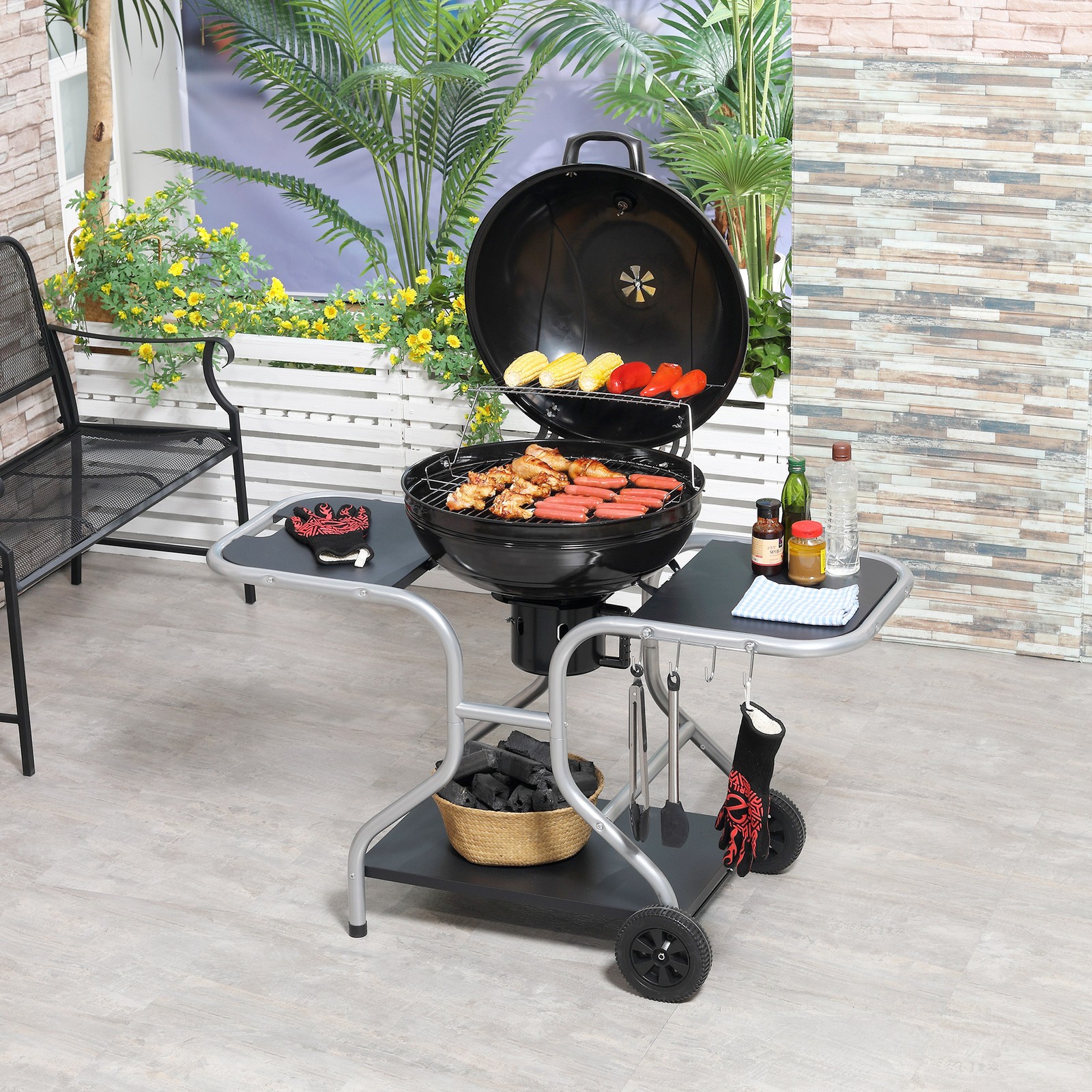 Deluxe Charcoal Trolley BBQ Garden Patio Barbecue Grill Heating Heat With Wheels