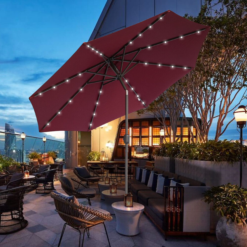 Garden Parasol Outdoor Tilt Sun Umbrella LED Light Hand Crank 2.7M Wine Red