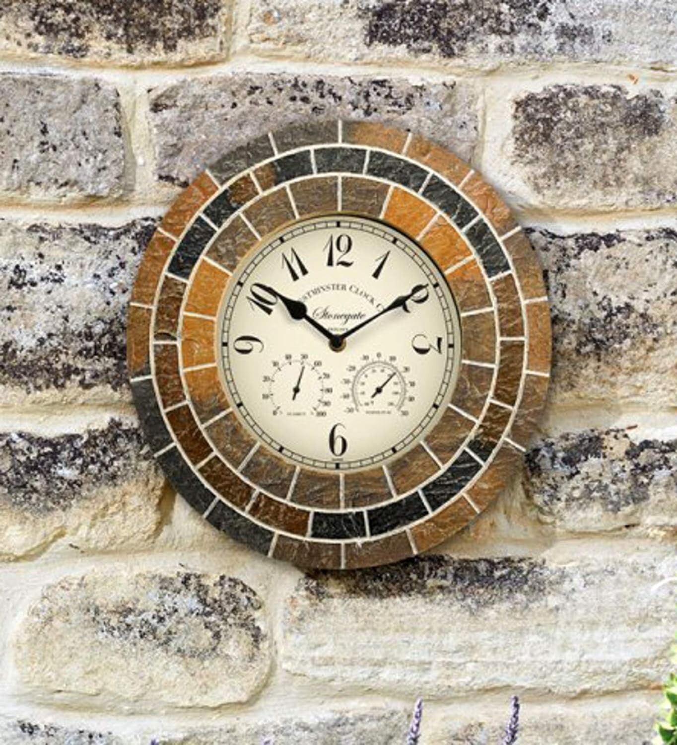 Large Garden Wall Clock Mosaic Battery Operated Round Thermometer Humidity 13.5'