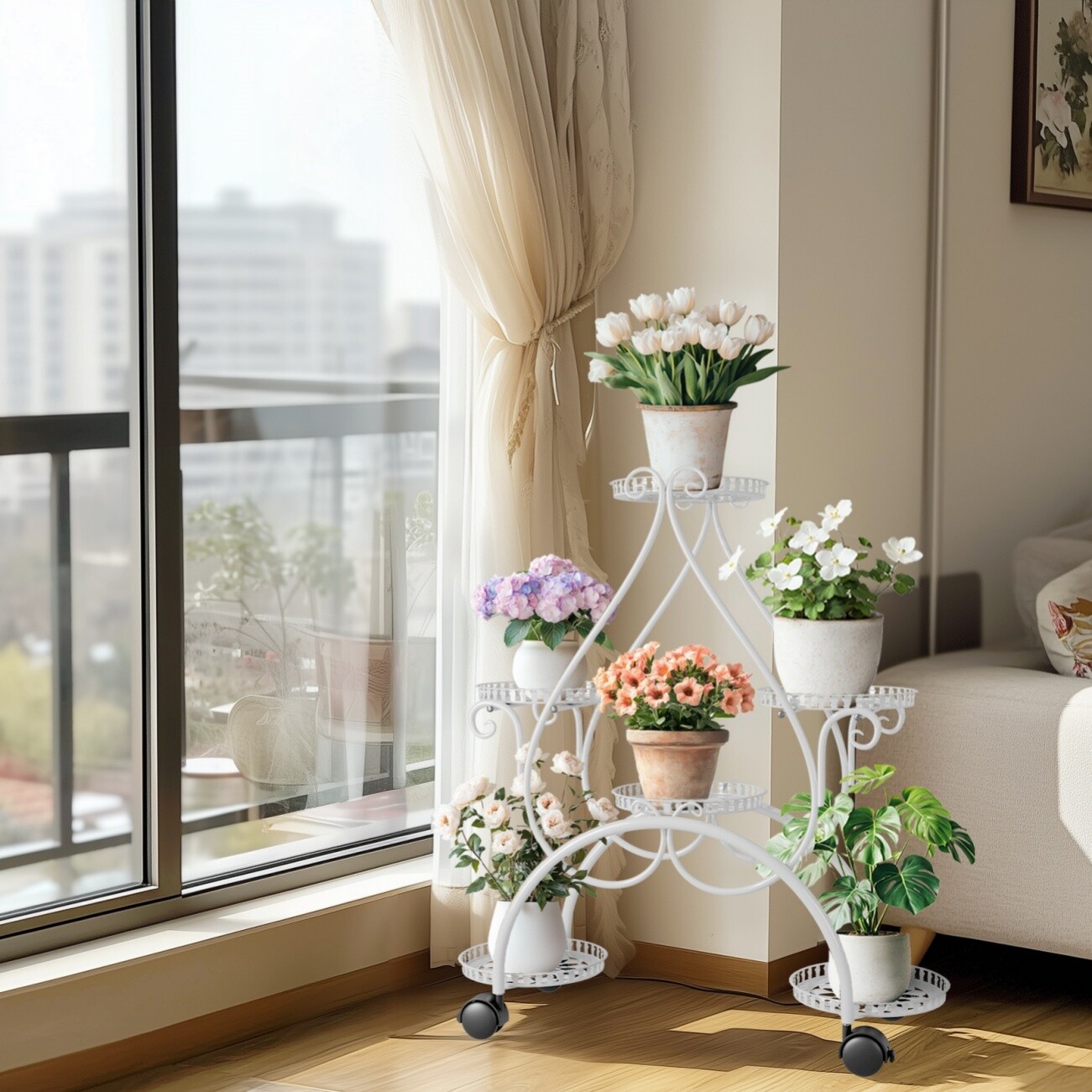 6 Flower Pots Metal Display Rack White Plant Stand Garden Decor Shelf with Wheel