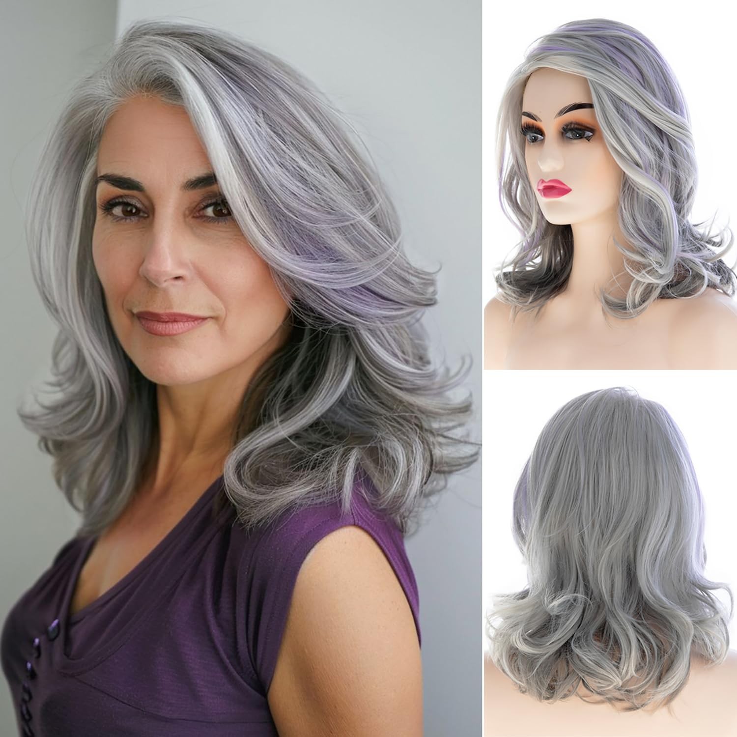 Women Grey Purple Wavy Wig Medium Length Layered Synthetic Hair Wig