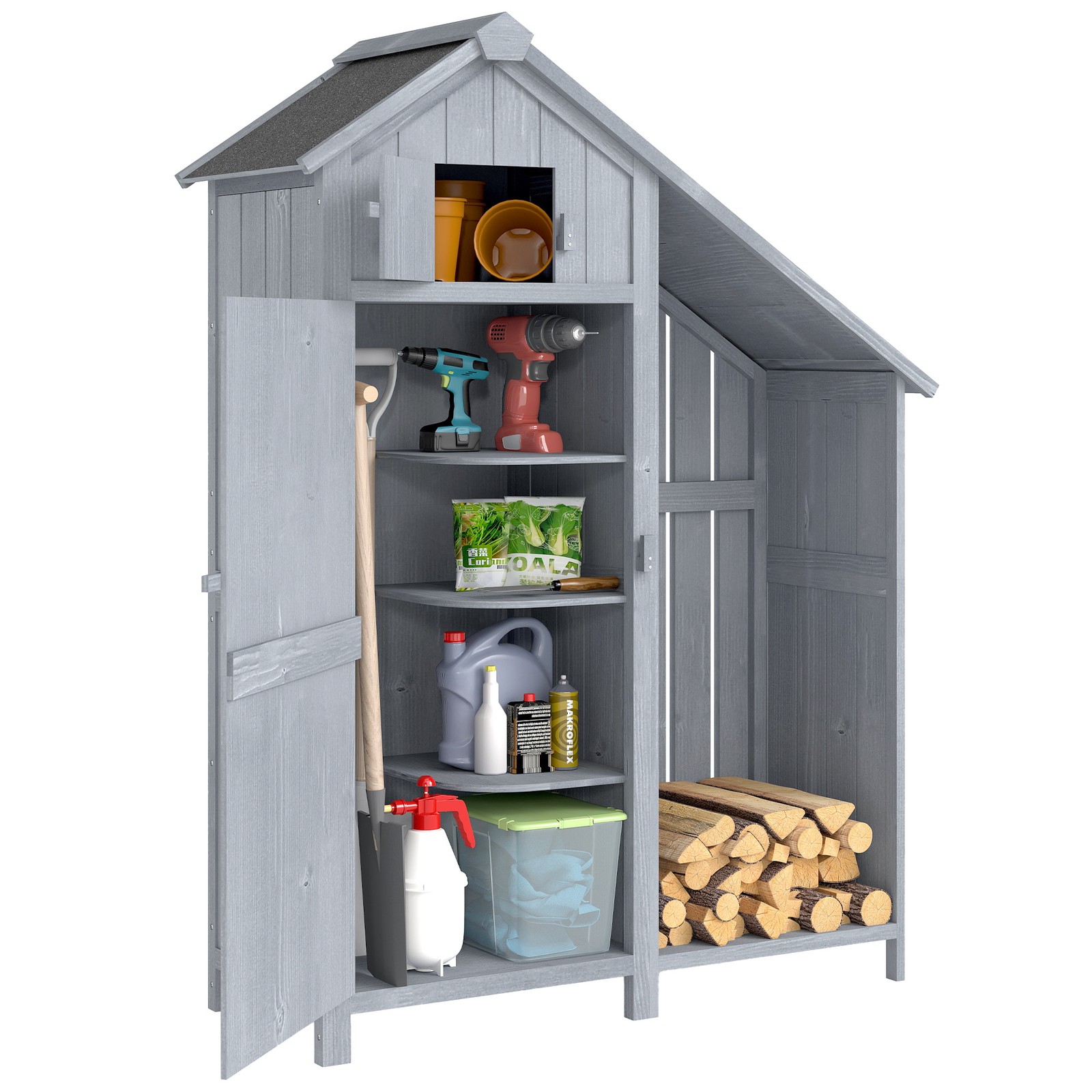 Outsunny Fir Garden Storage Shed With Shelves Log Rack, For Garden Tools