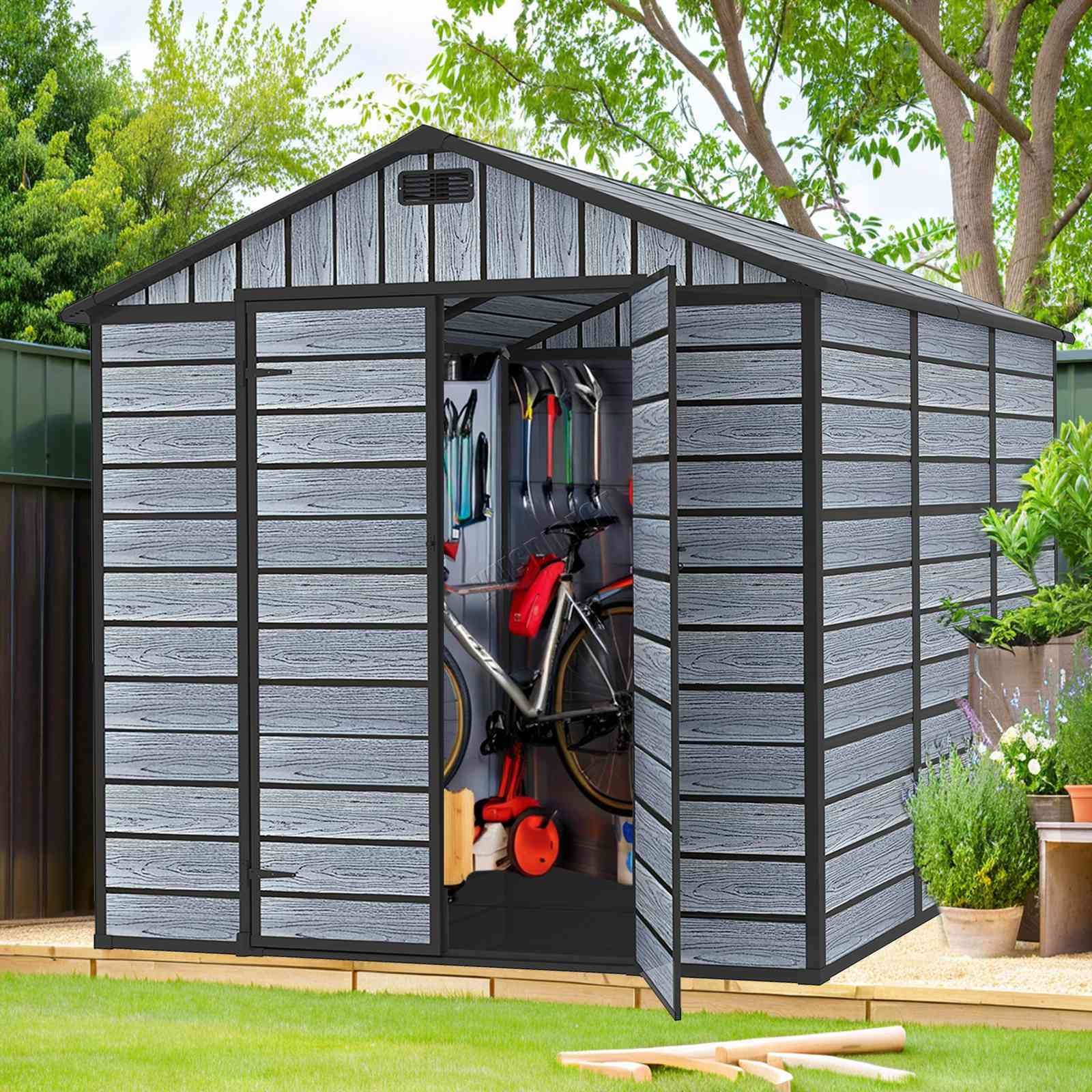 8X6FT Plastic Garden Shed Apex with Floor Window Lockable Door Wood Grain Grey