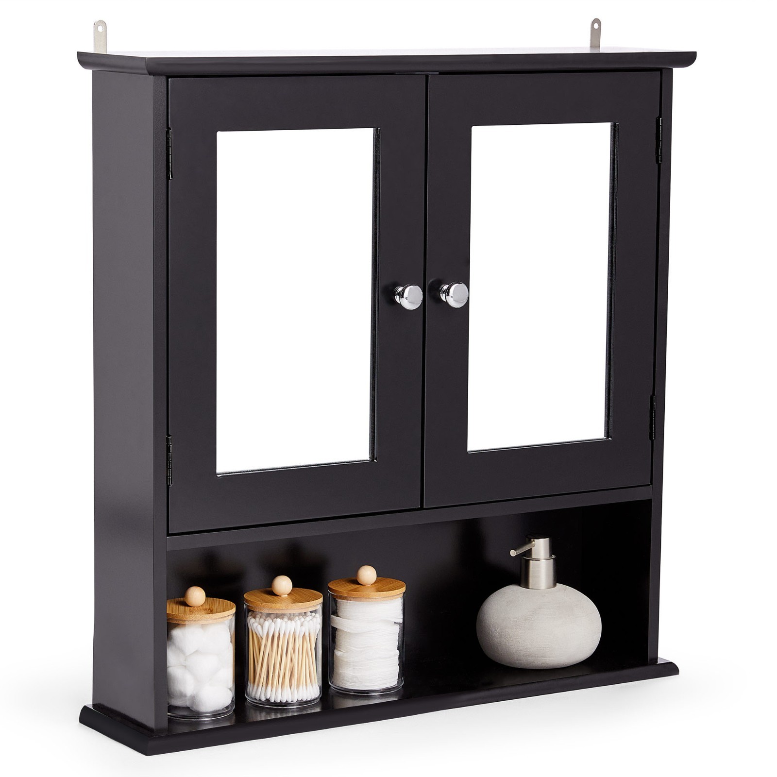 Bathroom Mirror Cabinet Wall Mounted | Black 2 Door Storage Cupboard | VonHaus