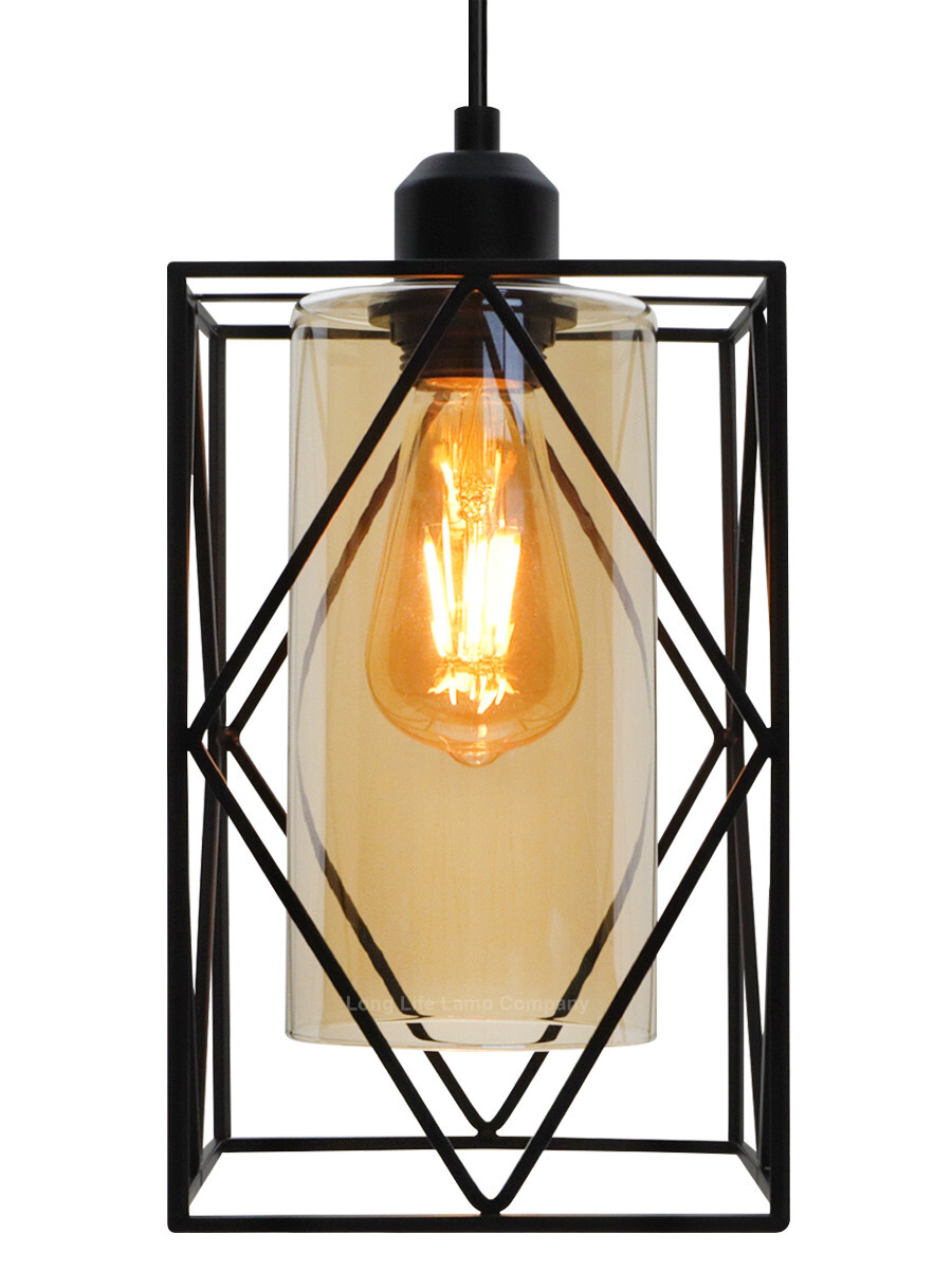 Modern Rectangular Ceiling Pendant Light Black Metal Cage Amber Glass H3121