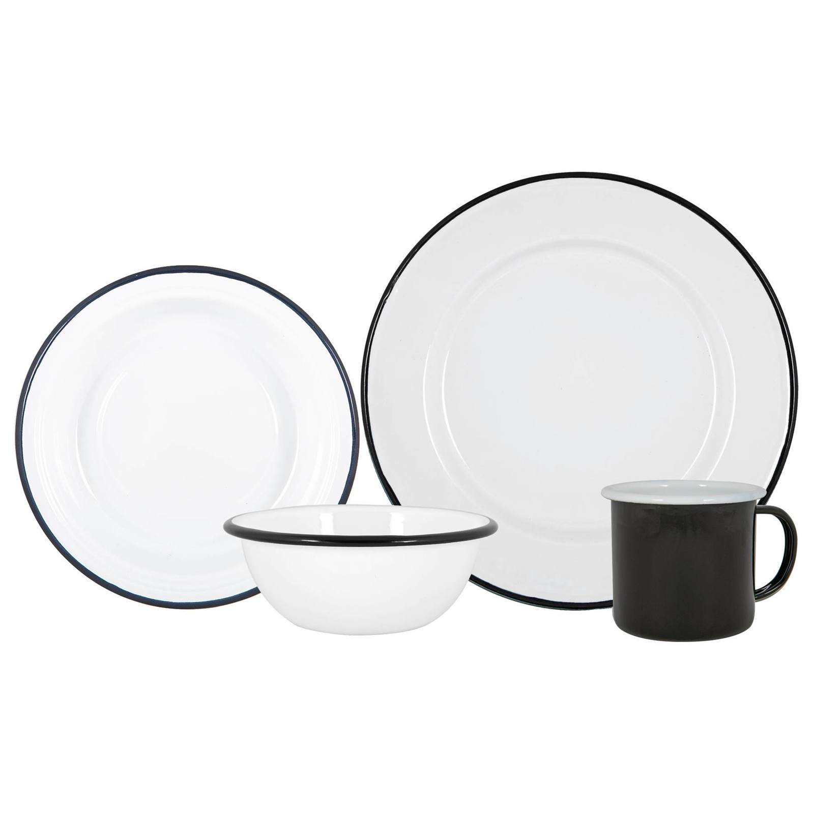 16pc White Enamel Dinnerware Set Steel Outdoor Camping Plates Bowls Mugs Black