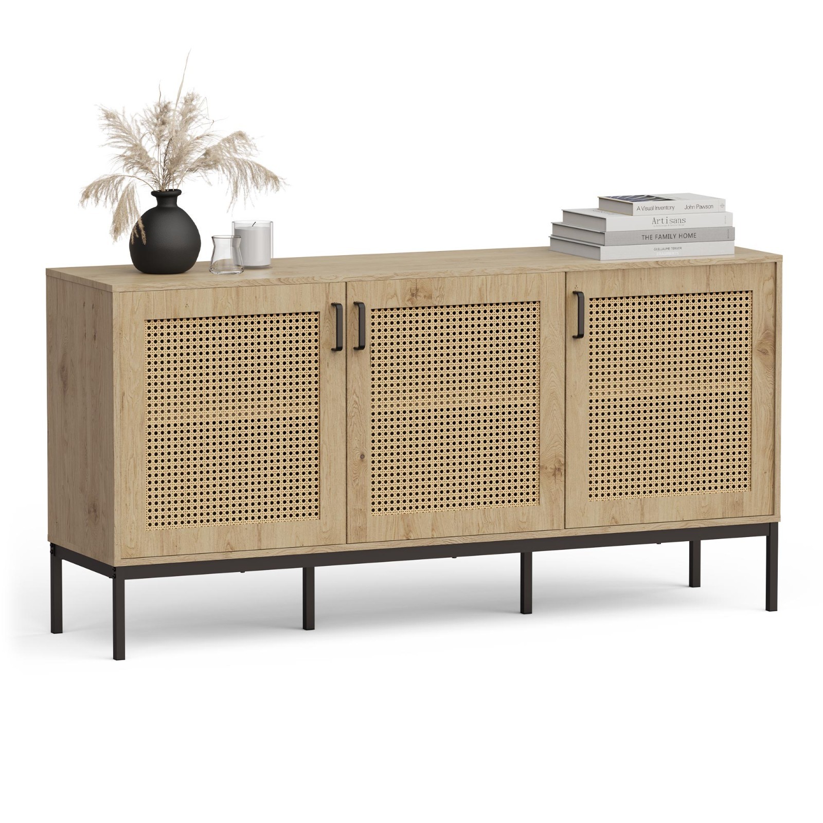 Rattan Effect Wide Sideboard for Living Room, With 6 Storage Shelves, Vonhaus