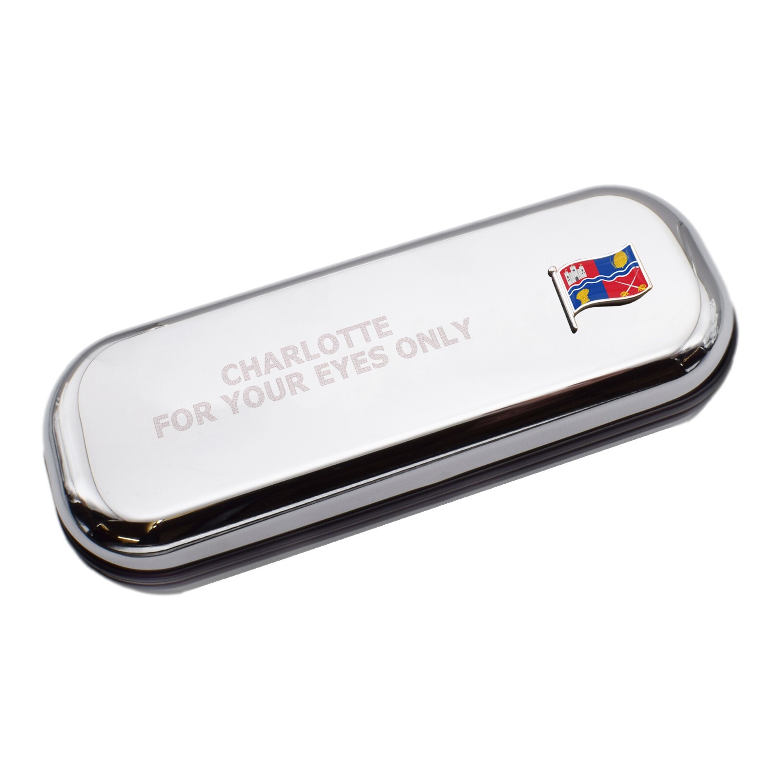 Newbury Wave Flag & Engraved With Message Chromed Glasses Case Box