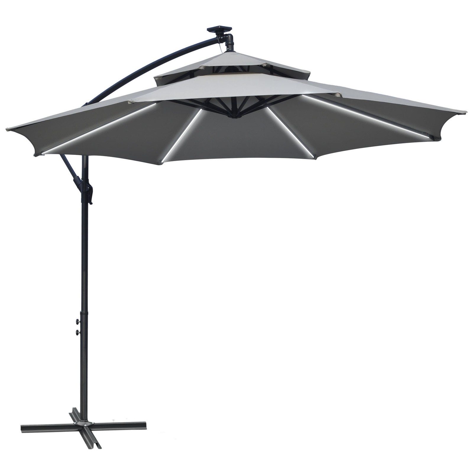 Outsunny 3(m) Cantilever Parasol Hanging Banana Umbrella w/ lights, Light Grey