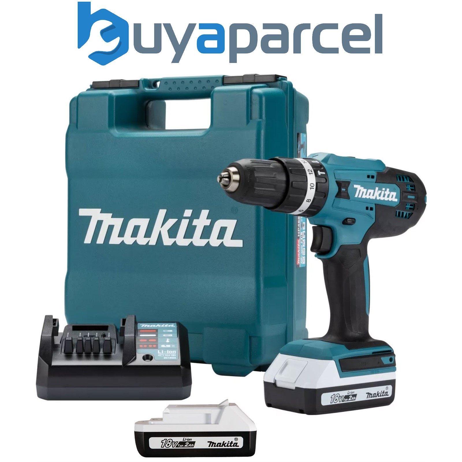 Makita 18v Lithium ion Cordless Combi Hammer Drill with 2x2.0 Batteries HP488DAE