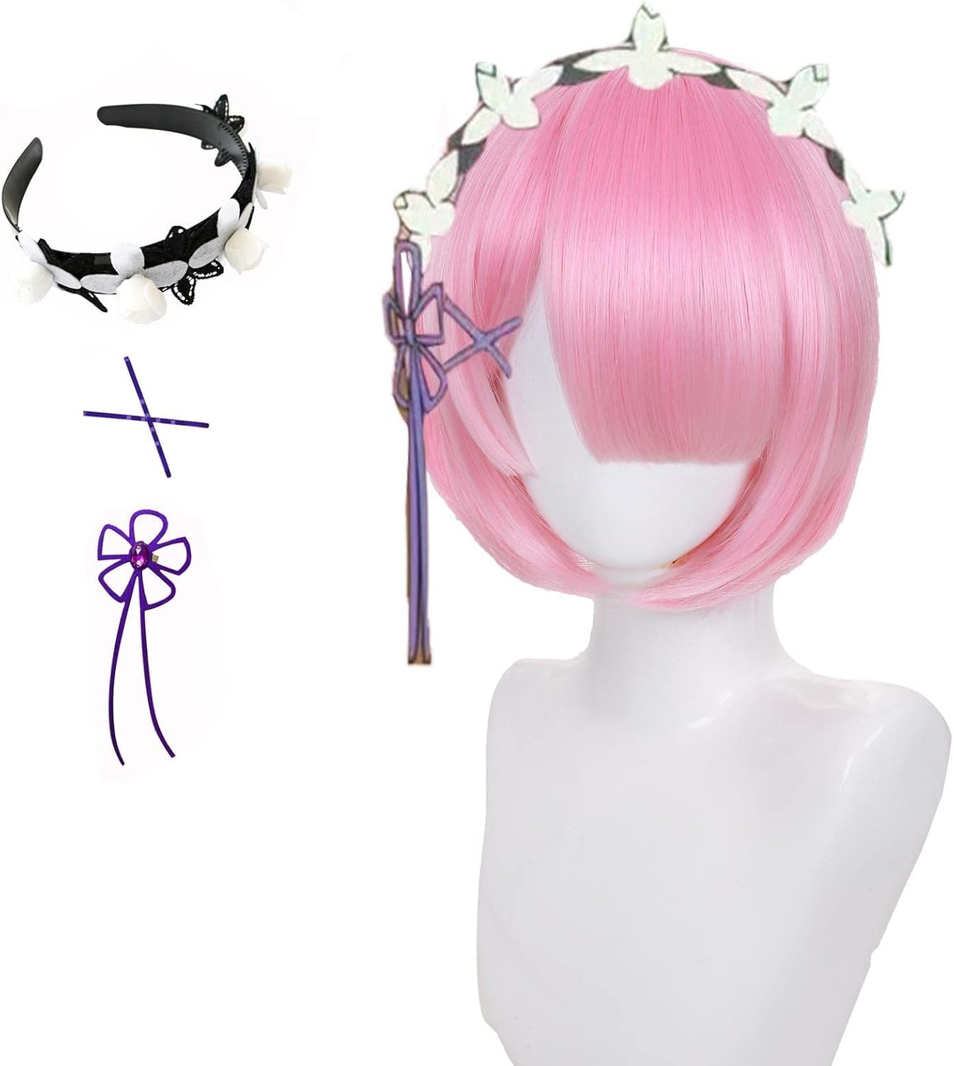 Ram Wig with Headband X Pins Flower Bow,Anime Ram Cosplay Wig,Short Pink Bob Wi