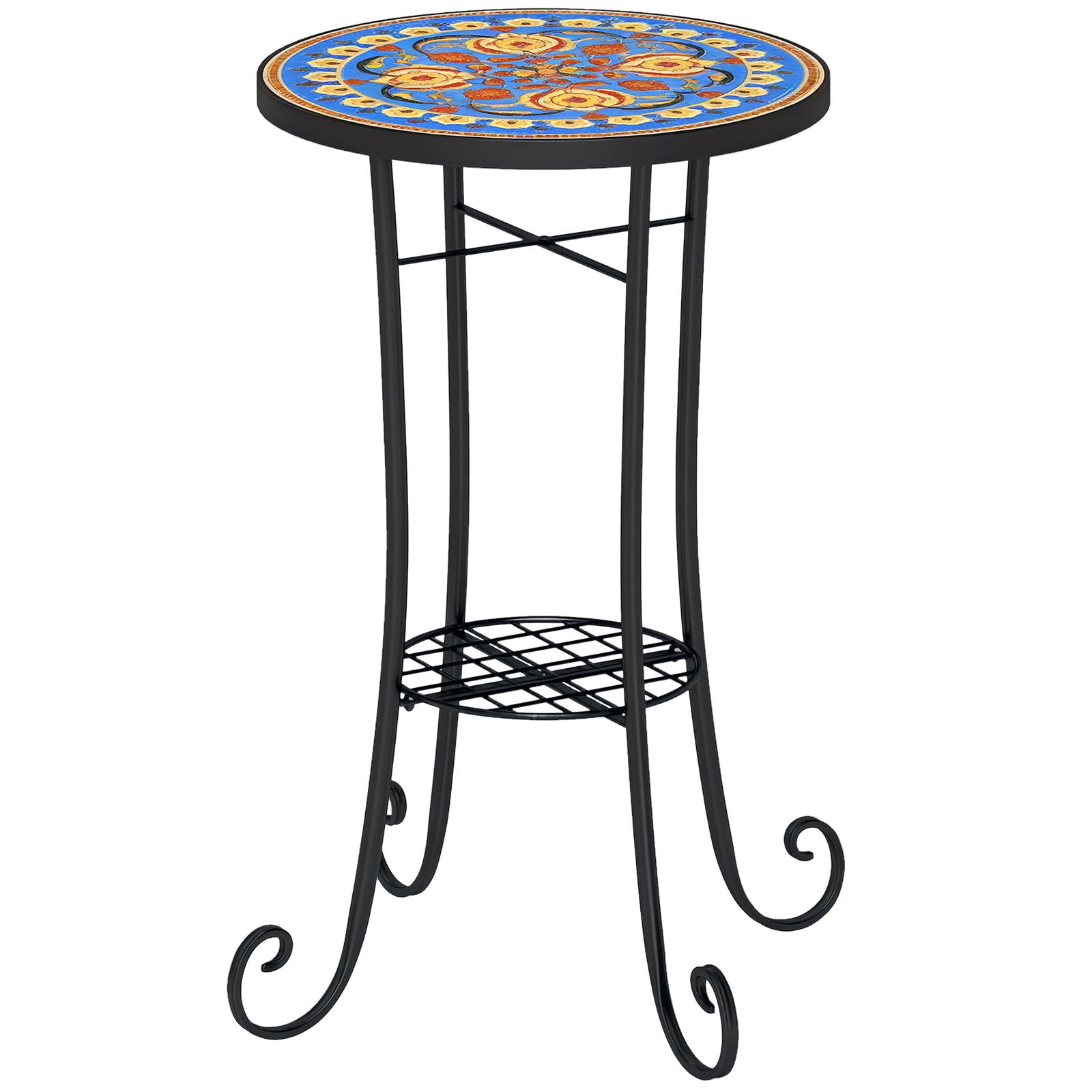 Outsunny 35.5cm Round Mosaic Garden Side Table Plant Stand w/ Shelf, Blue