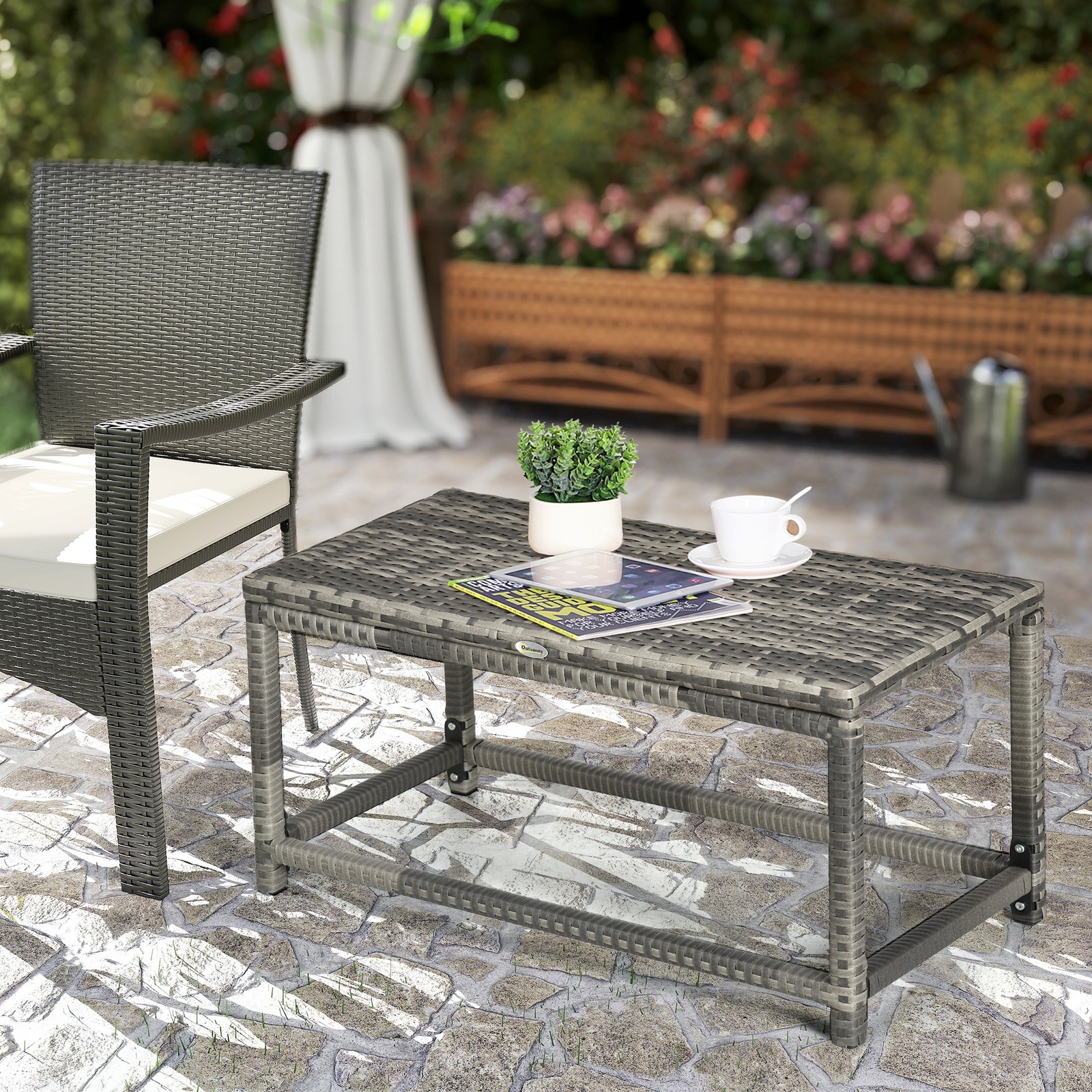 Outdoor Coffee Table w/ Plastic Board Under the Full Woven Table Top, Grey