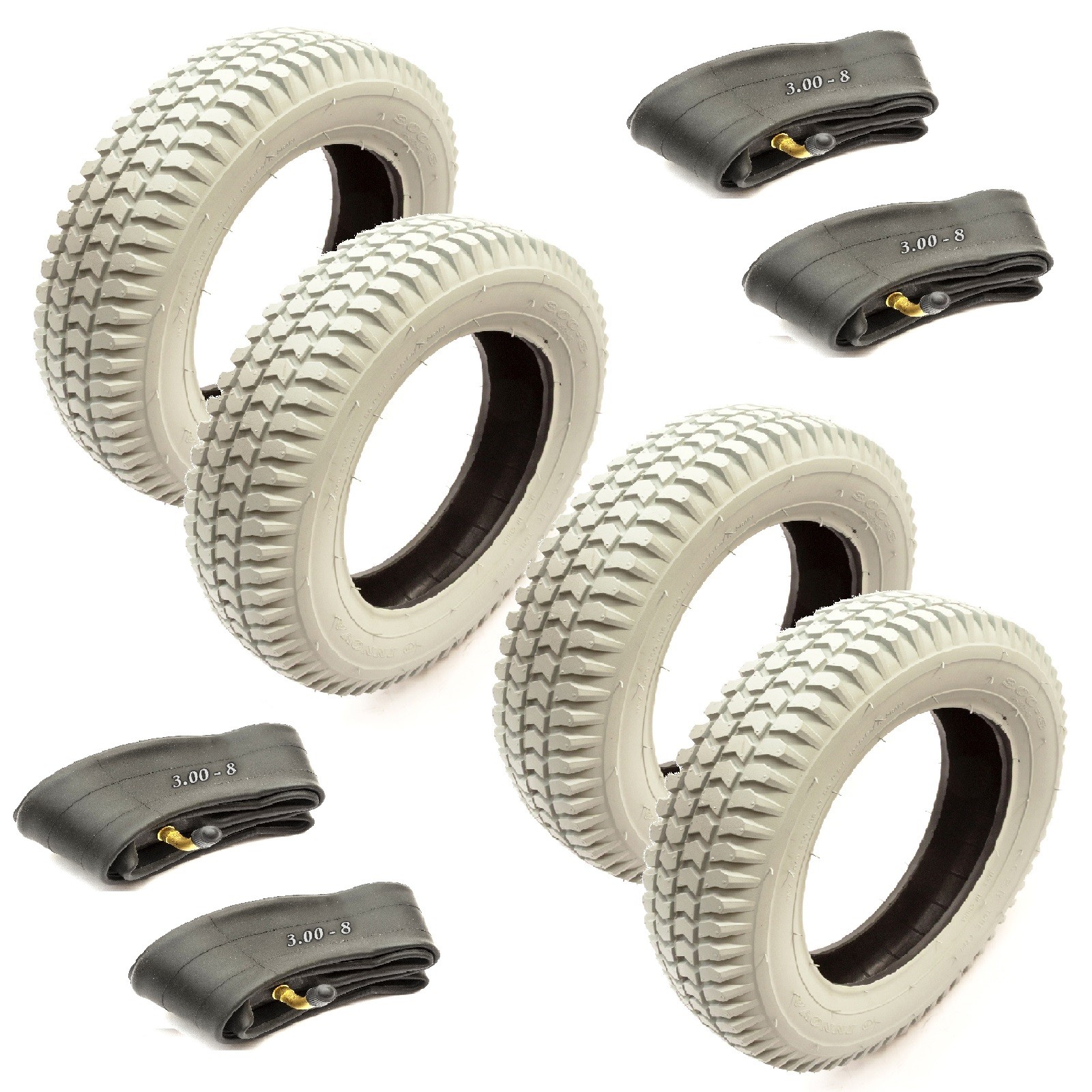 4x Mobility Scooter Tyre 3.00-8 & Inner Tube Bent Valve Block Tread 4 Ply Grey