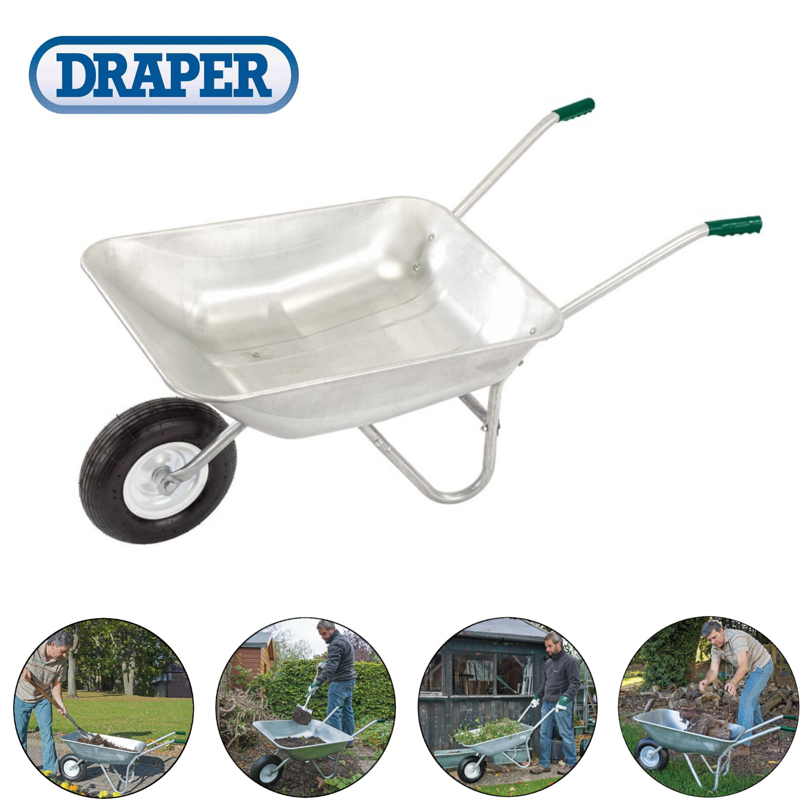 Draper 31619 Galvanised Wheelbarrow 65L Pneumatic Tyre