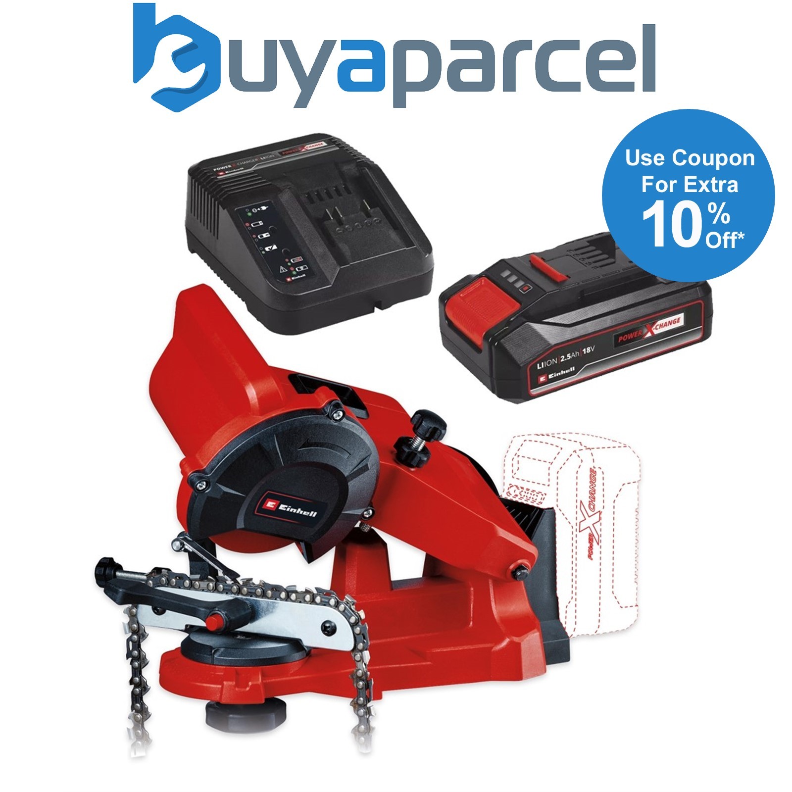 Einhell 18v Cordless Chain Sharpener Power X-Change + 2.5Ah Battery + Charger