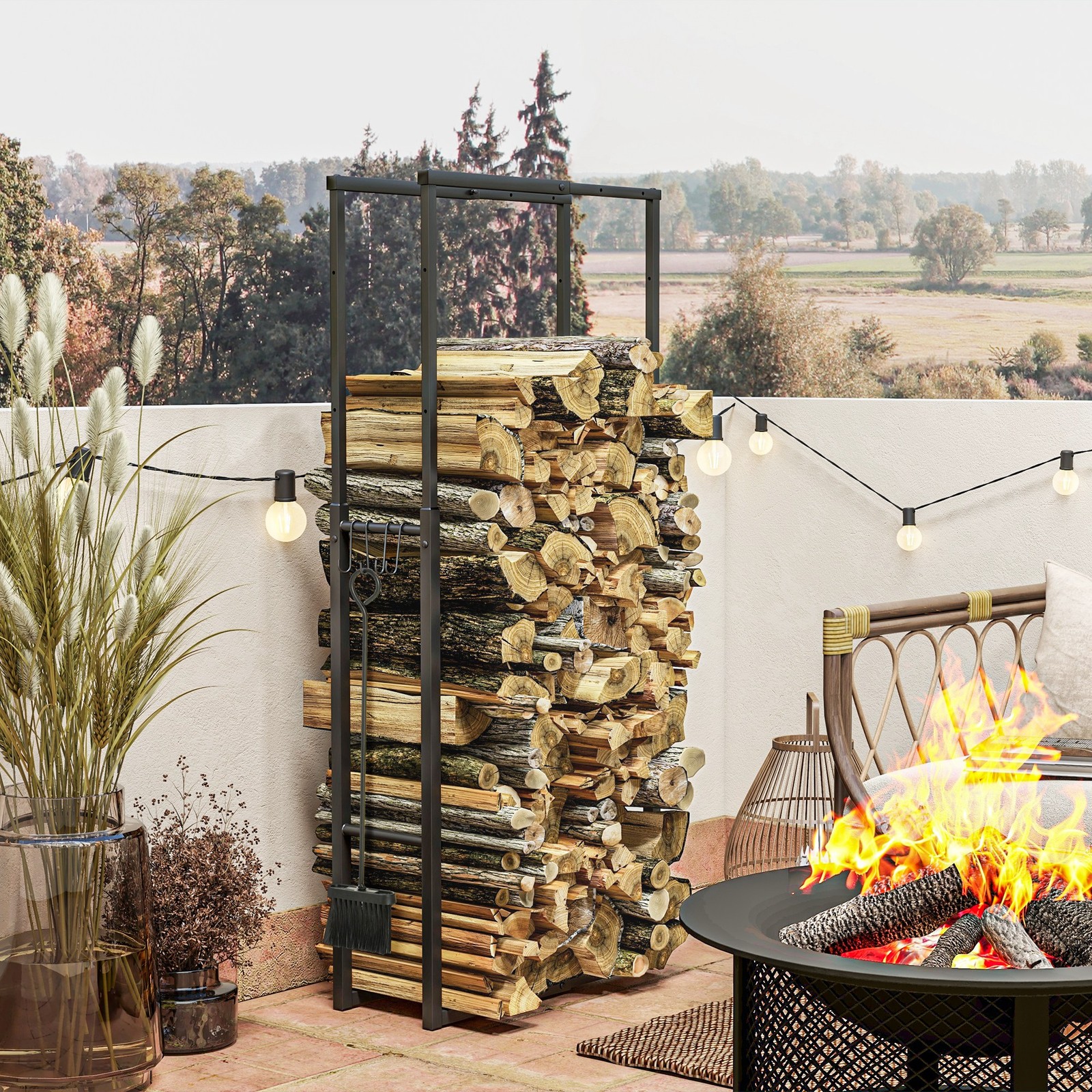 100-150cm Retractable Fireplace Wood Store Rack, Metal Log Storage Shelf