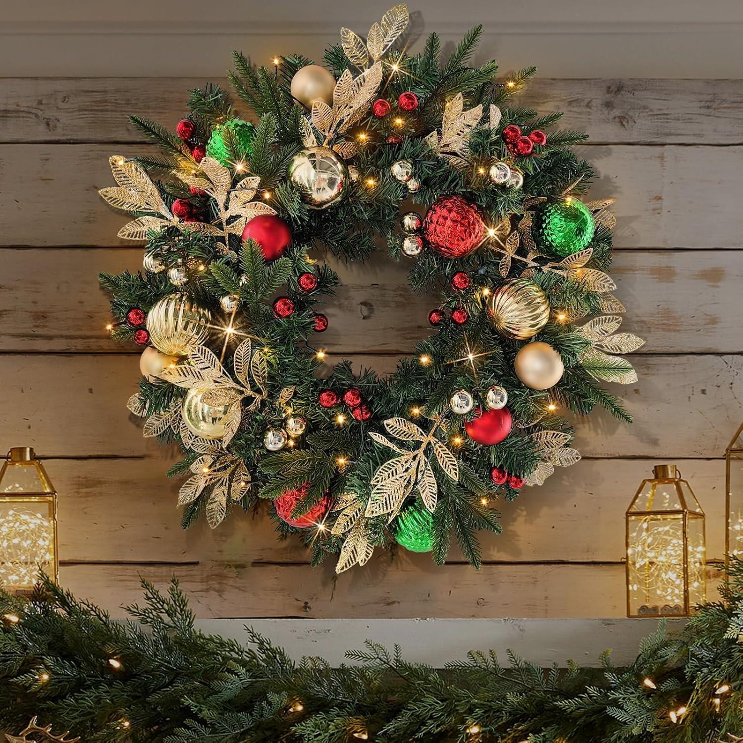 60cm Artificial Light Up Hanging Door Christmas Wreath - Gold & Jewel