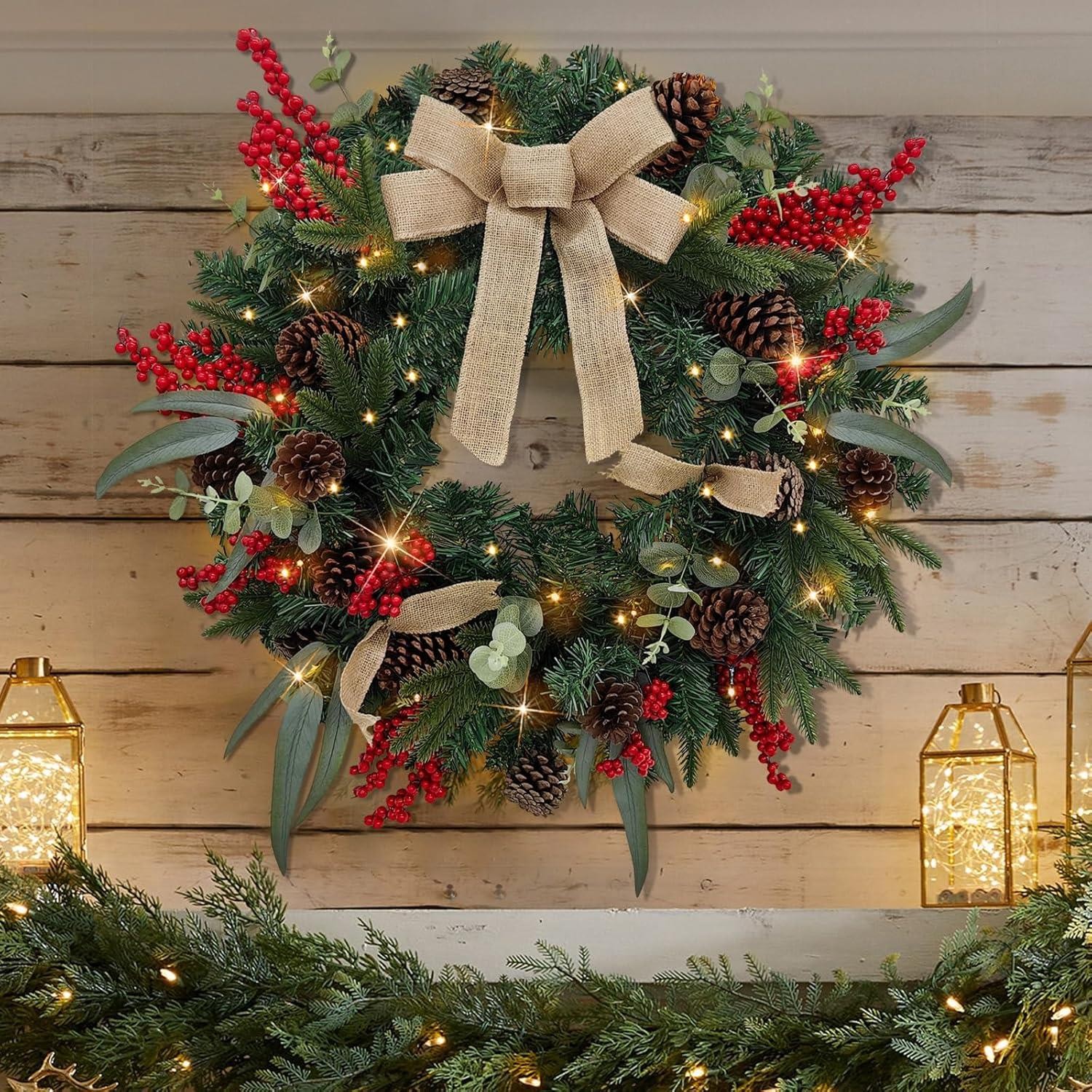 60cm Artificial Light Up Hanging Door Christmas Wreath - Rustic Pinecone & Berry